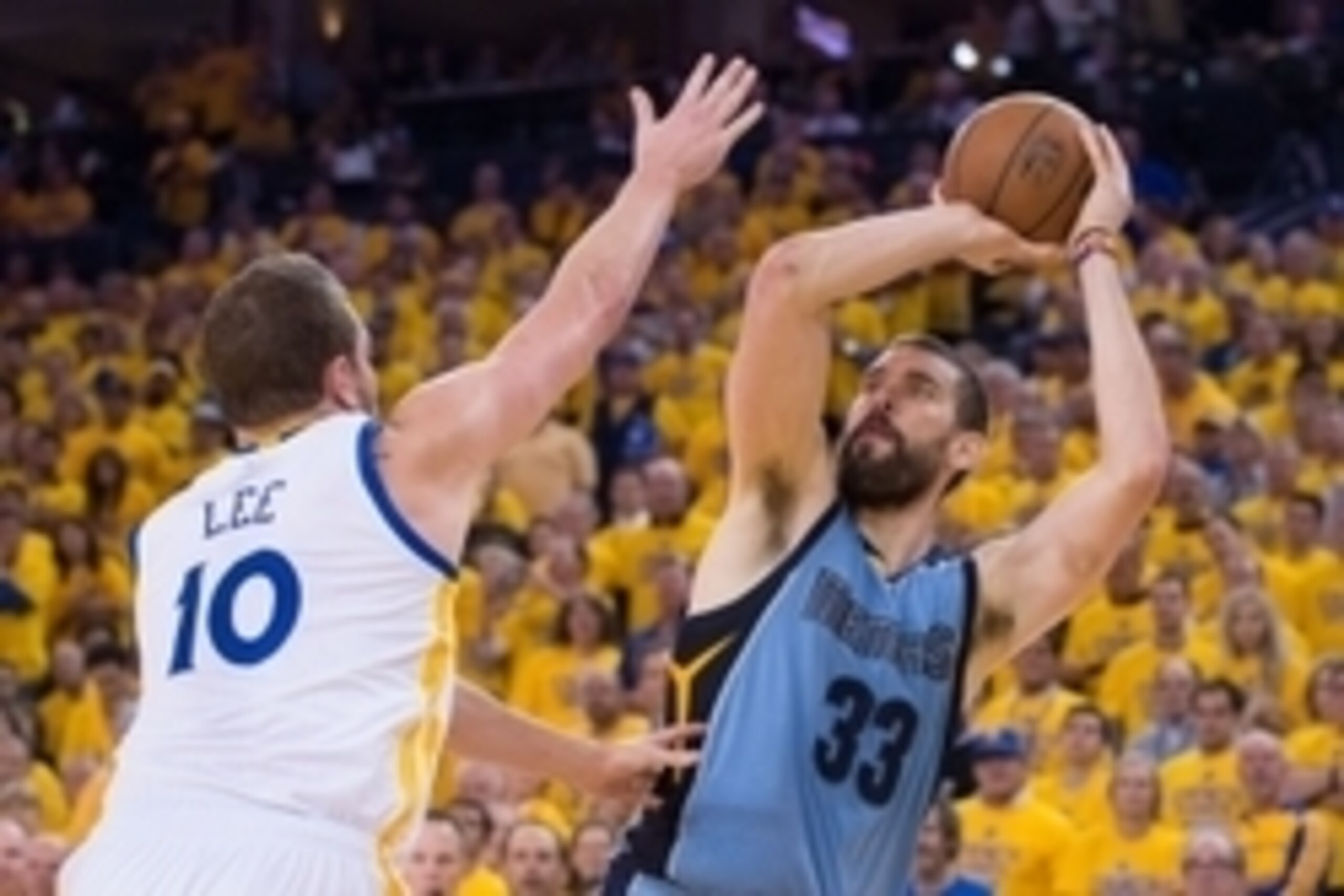 May 13, 2015; Oakland, CA, USA; Memphis Grizzlies center Marc Gasol (33) shoots the basketball against Golden State Warriors forward David Lee (10) during the fourth quarter in game five of the second round of the NBA Playoffs at Oracle Arena. The Warrior