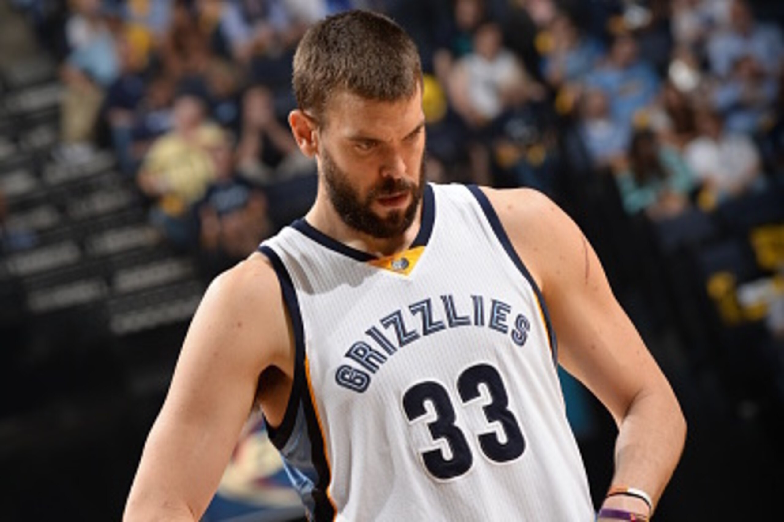 MEMPHIS, TN - MAY 15:  Marc Gasol #33 of the Memphis Grizzlies loks on against the Golden State Warriors in Game Six of the Western Conference Semifinals during the 2015 NBA Playoffs on May 15, 2015 at the FedExForum in Memphis, Tennessee.  NOTE TO USER: 