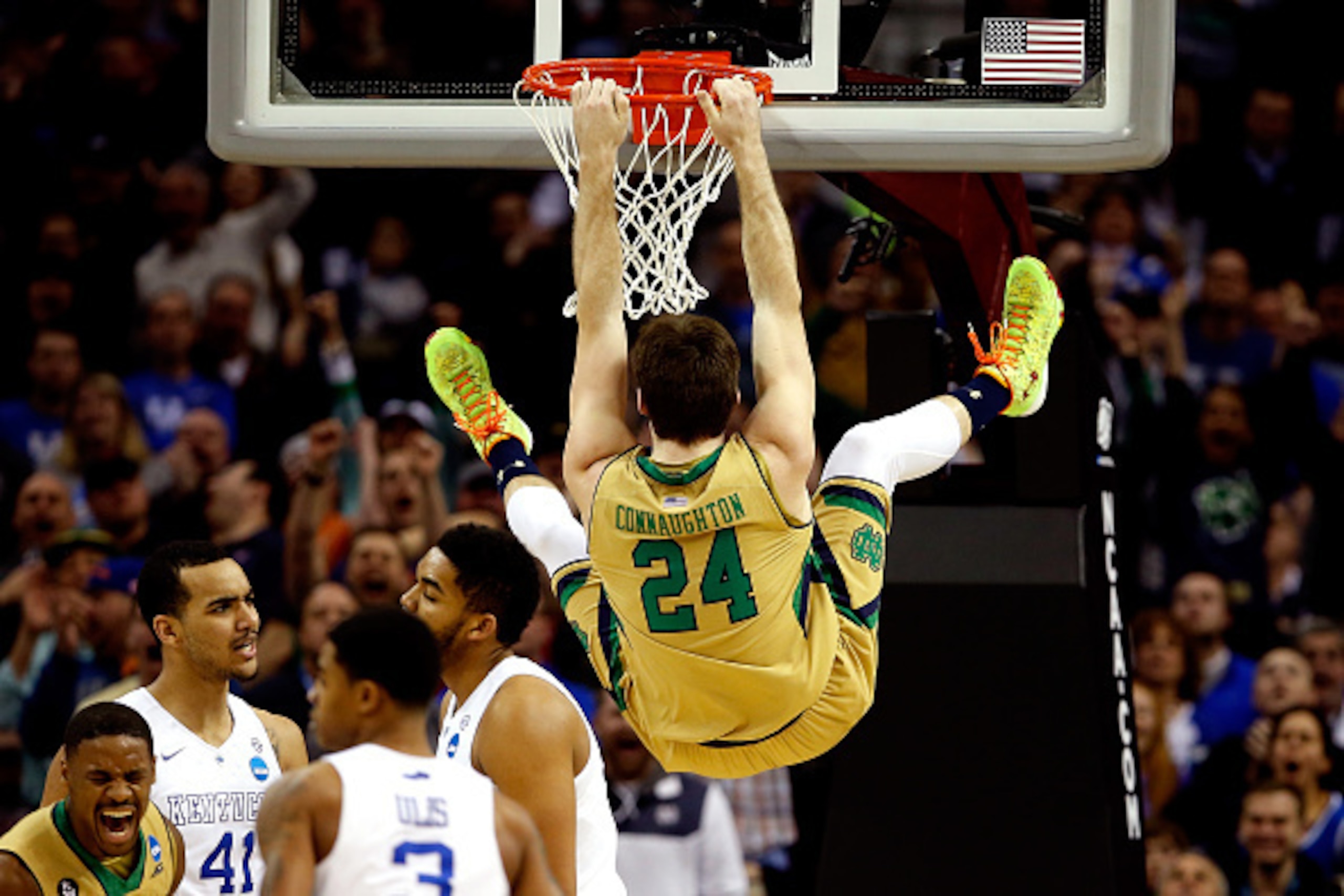 CLEVELAND, OH - MARCH 28:  Pat Connaughton #24 of the Notre Dame Fighting Irish dunks in the second half against the Kentucky Wildcats during the Midwest Regional Final of the 2015 NCAA Men's Basketball tournament at Quicken Loans Arena on March 28, 2015 