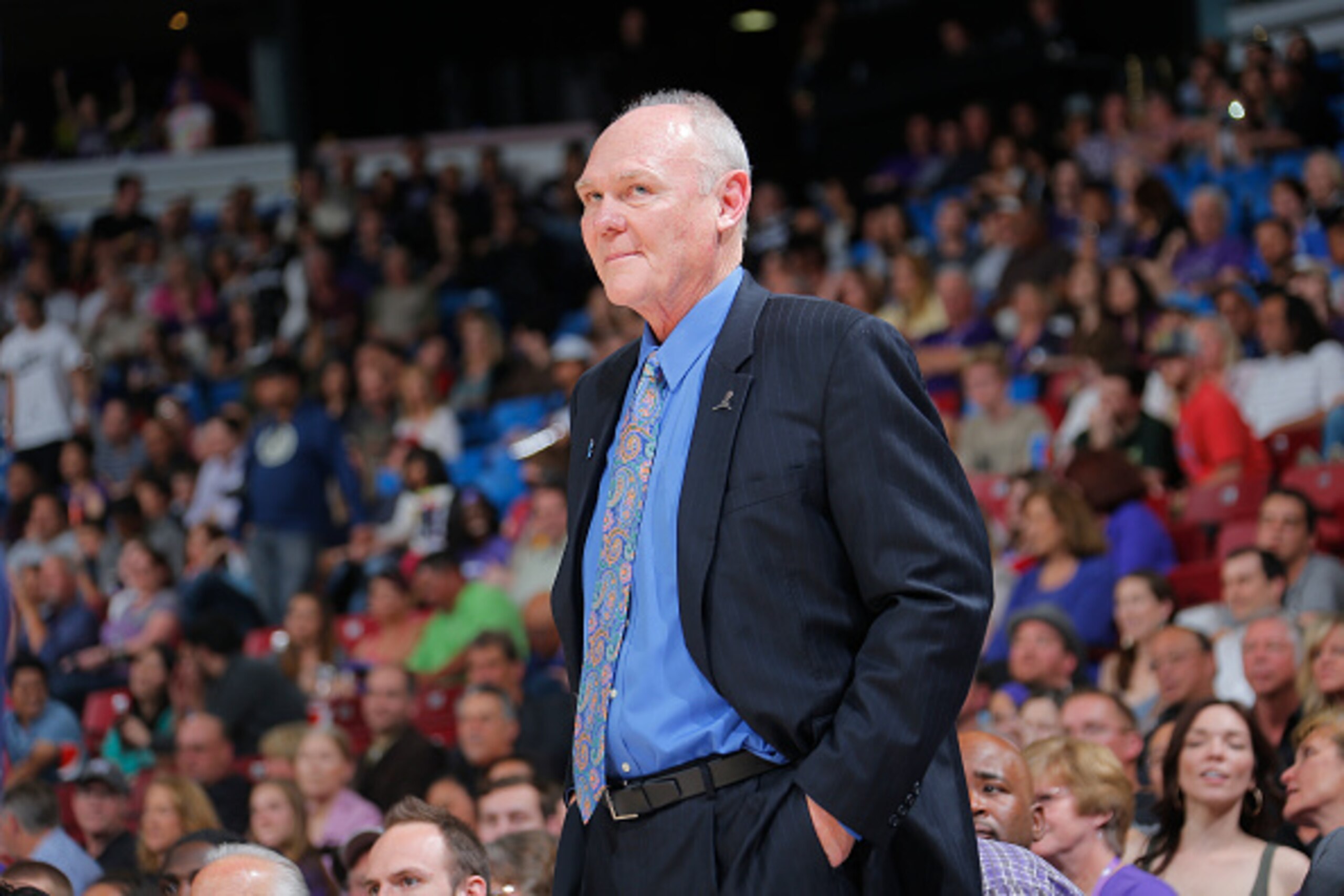 SACRAMENTO, CA - APRIL 3: Head coach George Karl of the Sacramento Kings coaches against the New Orleans Pelicans on April 3, 2015 at Sleep Train Arena in Sacramento, California. NOTE TO USER: User expressly acknowledges and agrees that, by downloading an