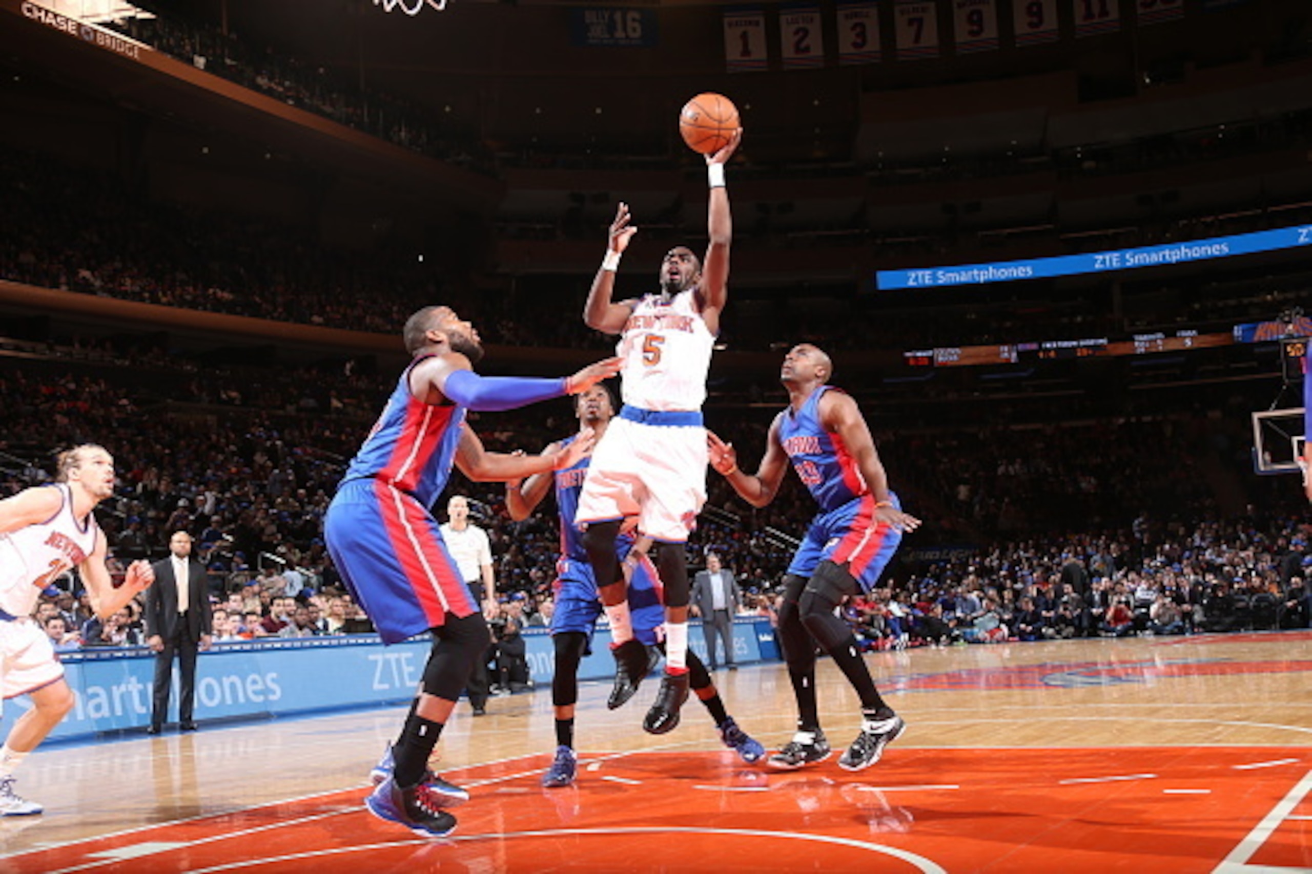 NEW YORK, NY - APRIL 15:  Tim Hardaway Jr. #5 of the New York Knicks goes to the basket against the Detroit Pistons on April 15, 2015 at Madison Square Garden in New York City.  NOTE TO USER: User expressly acknowledges and agrees that, by downloading and