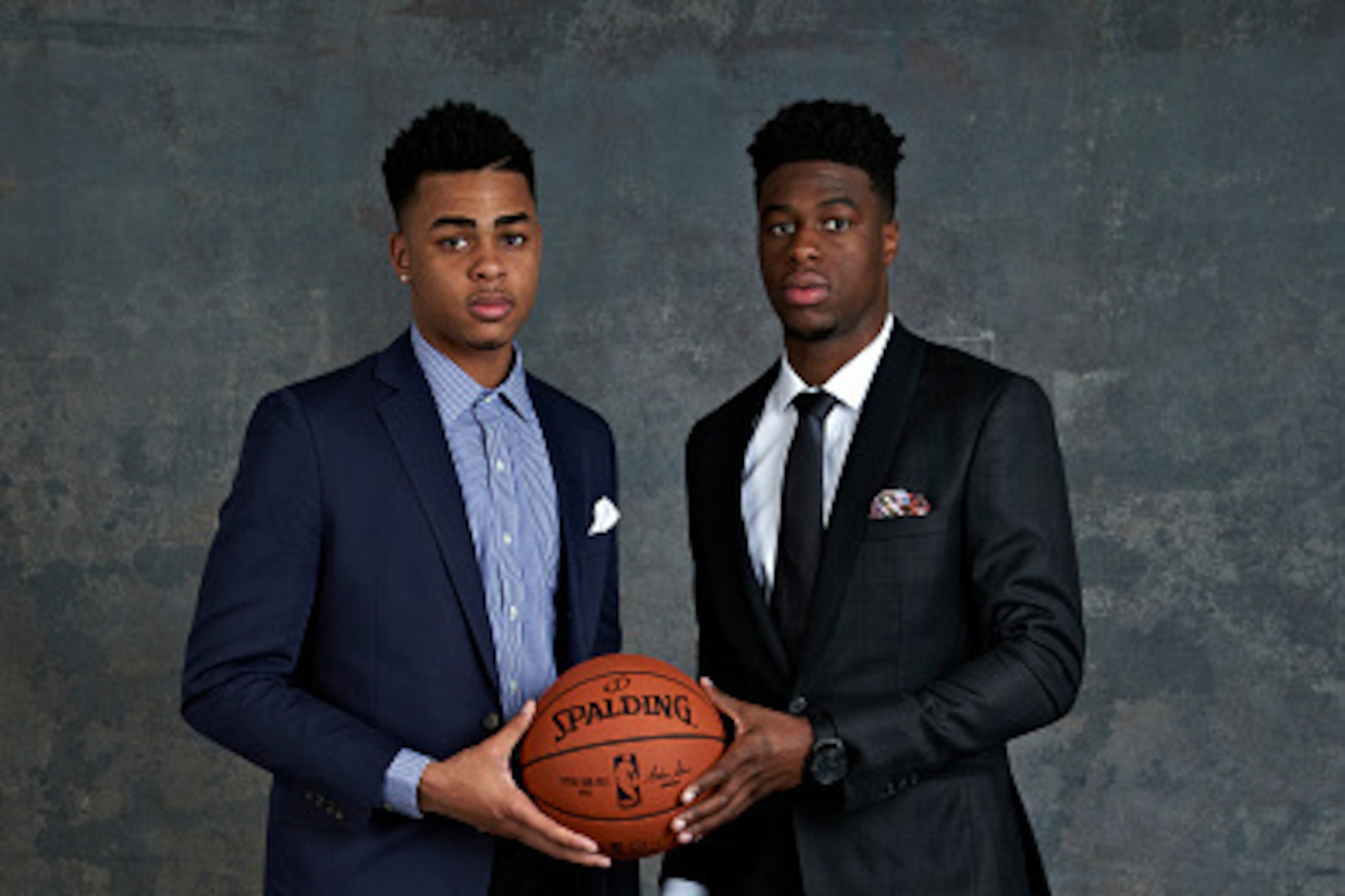 NEW YORK - MAY 19: Draft Prospect D'Angelo Russell and Emmanuel Mudiay poses for some portraits prior to the 2015 NBA Draft Lottery on May 19, 2015 at the NBA Headquarters in New York City.  NOTE TO USER: User expressly acknowledges and agrees that, by do