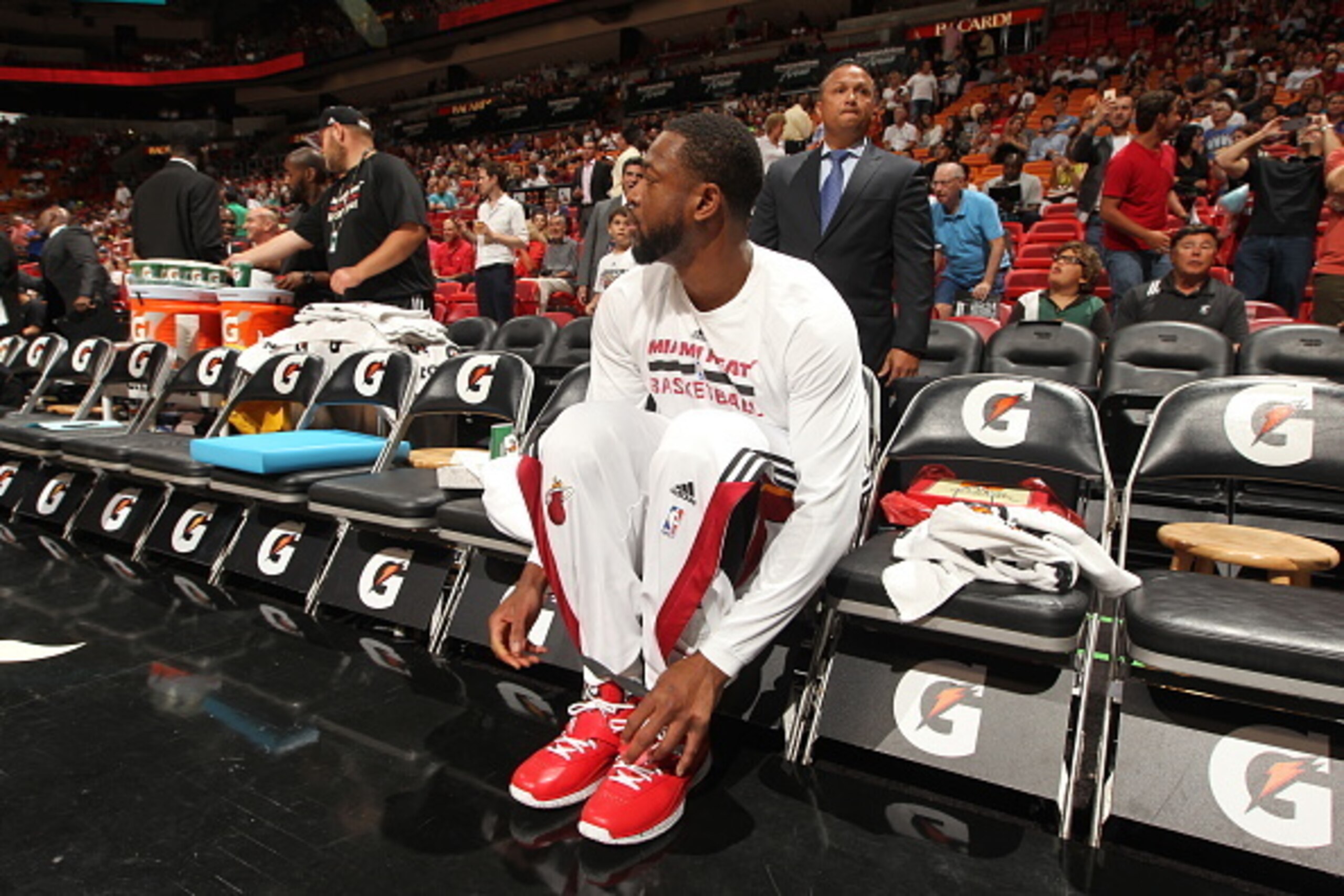 MIAMI, FL - APRIL 13:  Dwyane Wade #3 of the Miami Heat prepares to play against against the Orlando Magic on April 13, 2015 at American Airlines Arena in Miami, Florida.  NOTE TO USER: User expressly acknowledges and agrees that, by downloading and or us