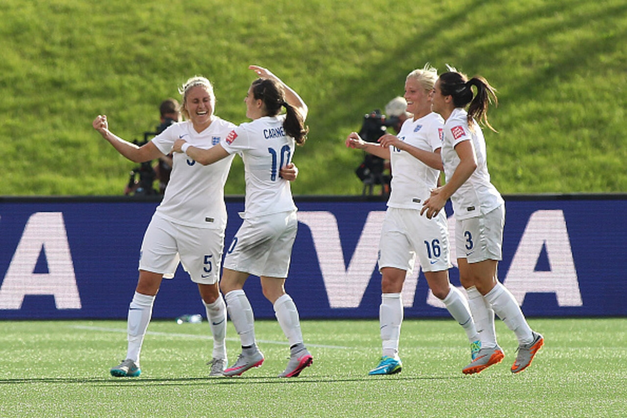 OTTAWA, ON - JUNE 22: Steph Houghton #5 of England celebrates her goal with teammates against team Norway during the FIFA Women's World Cup Canada 2015 round of 16 match between Norway and England at Lansdowne Stadium on June 22, 2015 in Ottawa, Canada.  