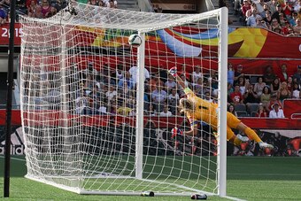OTTAWA, ON - JUNE 22: Lucy Bronze of England scores the team's second goal as the ball hits the back of the net behind Ingrid Hjelmseth #1 of Norway during the FIFA Women's World Cup Canada 2015 round of 16 match between Norway and England at Lansdowne St