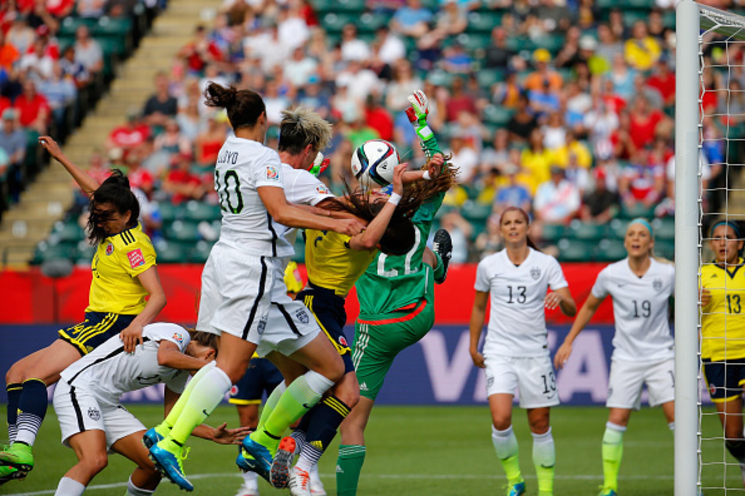 EDMONTON, AB - JUNE 22:  Abby Wambach #20 of the United States misses a header off a corner against Colombia in the first half in the FIFA Women's World Cup 2015 Round of 16 match at Commonwealth Stadium on June 22, 2015 in Edmonton, Canada.  (Photo by Ke