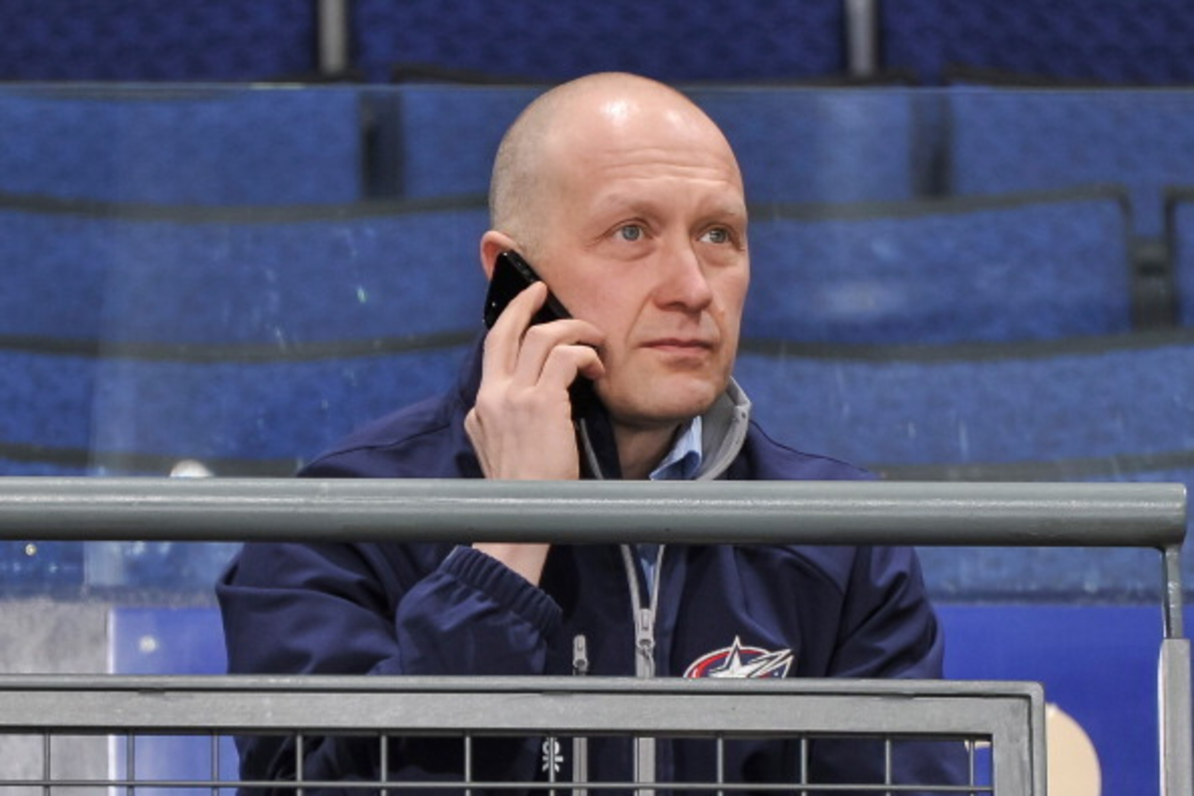 COLUMBUS, OH - MARCH 7:  General Manager Jarmo Kekalainen of the Columbus Blue Jackets watches the team practice during the morning skate before playing against the Vancouver Canucks on March 7, 2013 at Nationwide Arena in Columbus, Ohio.  (Photo by Jamie
