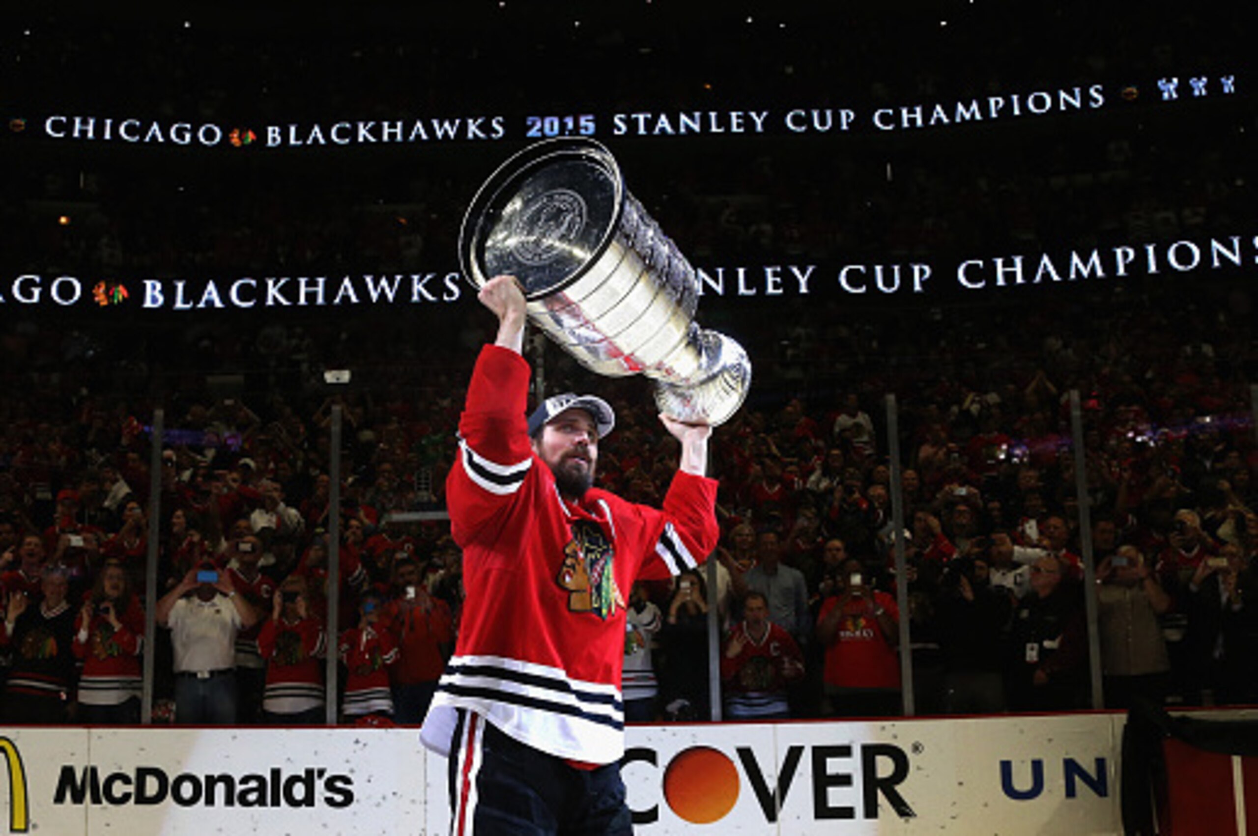 CHICAGO, IL - JUNE 15: Patrick Sharp #10 of the Chicago Blackhawks hoists the Stanley Cup in celebration after his team defeated the Tampa Bay Lightning 2-0 in Game Six of the 2015 NHL Stanley Cup Final at the United Center on June 15, 2015 in Chicago, I CHICAGO, IL - JUNE 15: Patrick Sharp #10 of the Chicago Blackhawks hoists the Stanley Cup in celebration after his team defeated the Tampa Bay Lightning 2-0 in Game Six of the 2015 NHL Stanley Cup Final at the United Center on June 15, 2015 in Chicago, I