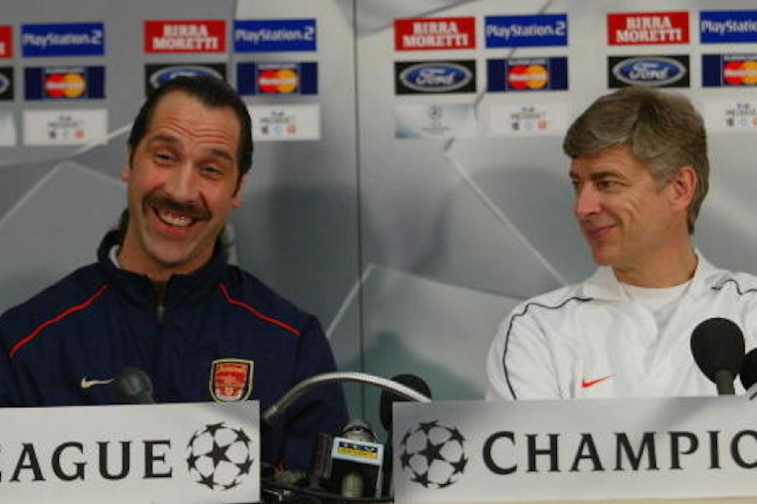19 Mar 2002:  Arsenal manager Arsene wenger and David Seaman at a press conference ahead of their Champions League match against Juventus at Delle Alpi Stadium, Turin. DIGITAL IMAGE.  Mandatory Credit: Mike Hewitt/Getty Images