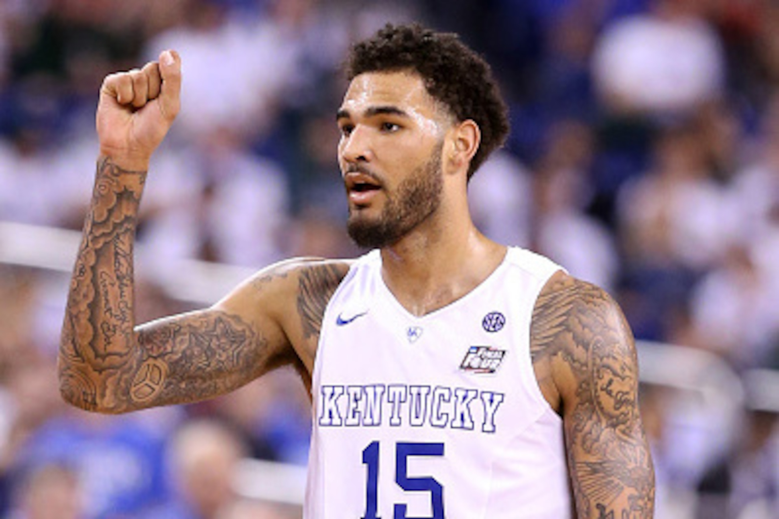 INDIANAPOLIS, IN - APRIL 04: Willie Cauley-Stein #15 of the Kentucky Wildcats reacts after a play in the second half against the Wisconsin Badgers during the NCAA Men's Final Four Semifinal at Lucas Oil Stadium on April 4, 2015 in Indianapolis, Indiana. INDIANAPOLIS, IN - APRIL 04: Willie Cauley-Stein #15 of the Kentucky Wildcats reacts after a play in the second half against the Wisconsin Badgers during the NCAA Men's Final Four Semifinal at Lucas Oil Stadium on April 4, 2015 in Indianapolis, Indiana.