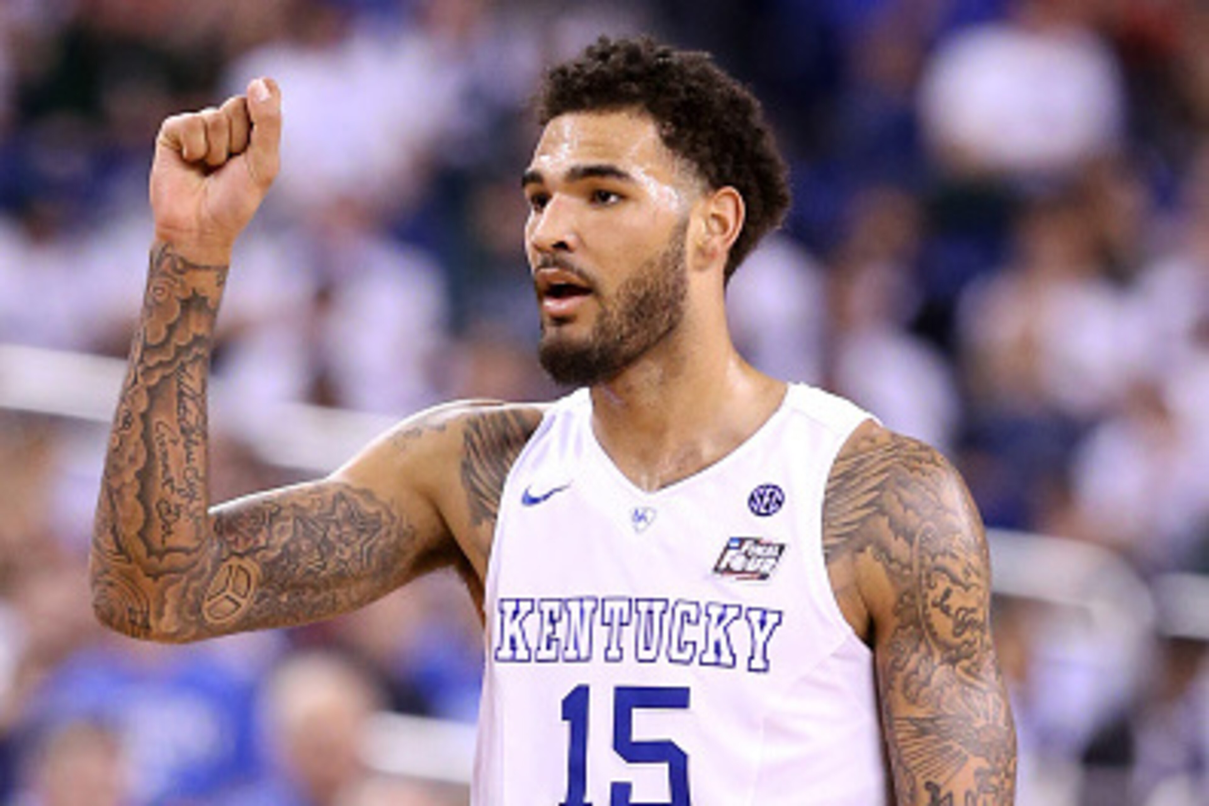 INDIANAPOLIS, IN - APRIL 04: Willie Cauley-Stein #15 of the Kentucky Wildcats reacts after a play in the second half against the Wisconsin Badgers during the NCAA Men's Final Four Semifinal at Lucas Oil Stadium on April 4, 2015 in Indianapolis, Indiana.  