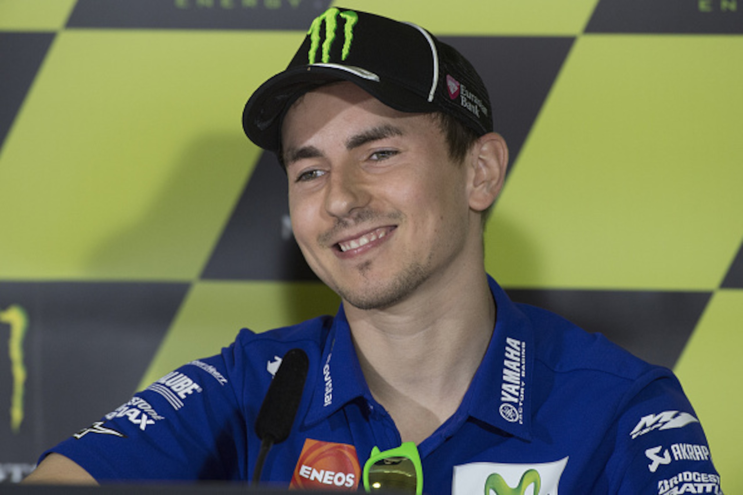 MONTMELO, SPAIN - JUNE 13:   Jorge Lorenzo of Spain and Movistar Yamaha MotoGP smiles during the press conference at the end of the MotoGp of Catalunya - Qualifying at Circuit de Catalunya on June 13, 2015 in Montmelo, Spain.  (Photo by Mirco Lazzari gp/G