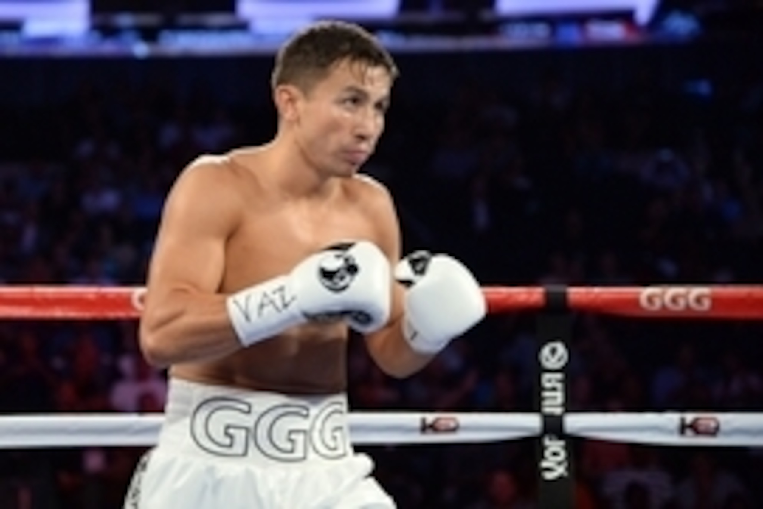 Jul 26, 2014; New York, NY, USA; Gennady Golovkin (white gloves) and Daniel Geale (not pictured) box during their middleweight championship bout at Madison Square Garden. Golovkin won via third round knockout. Mandatory Credit: Joe Camporeale-USA TODAY Sp