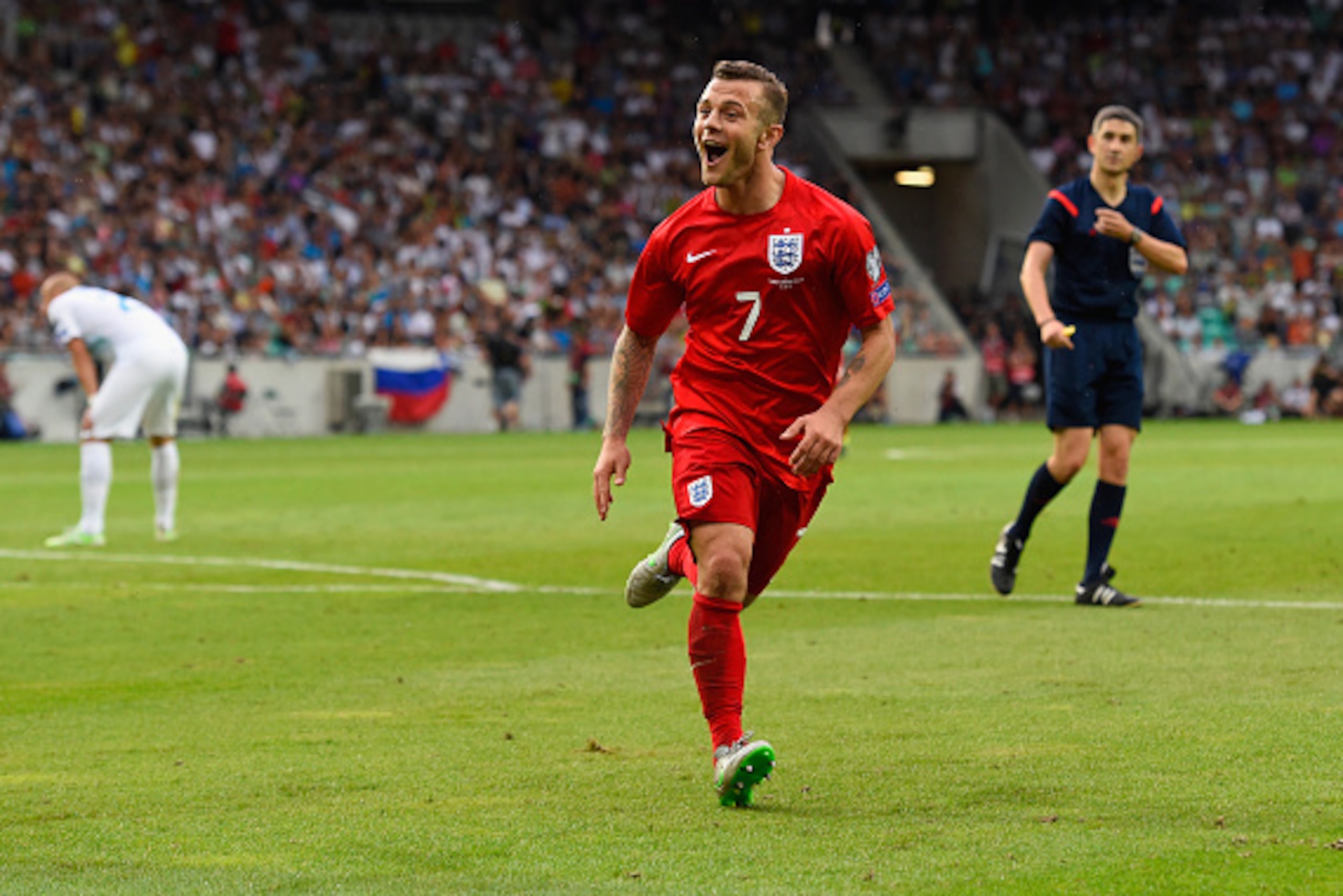 LJUBLJANA, SLOVENIA - JUNE 14:  Jack Wilshere of England celebrates scoring their second goal during the UEFA EURO 2016 Qualifier between Slovenia and England on at the Stozice Arena on June 14, 2015 in Ljubljana, Slovenia.  (Photo by Stu Forster/Getty Im