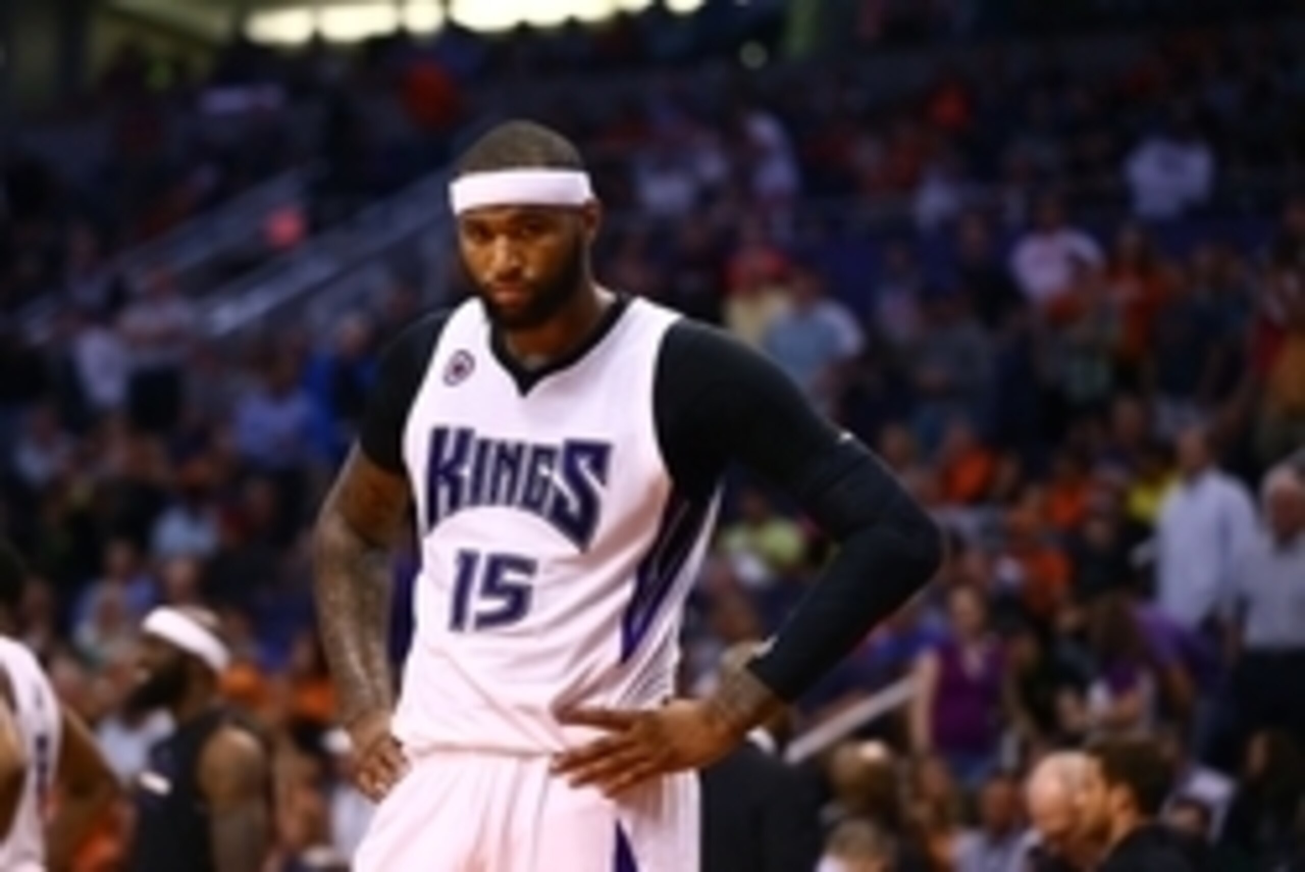 Mar 25, 2015; Phoenix, AZ, USA; Sacramento Kings center DeMarcus Cousins (15) against the Phoenix Suns at US Airways Center. The Kings defeated the Suns 108-99. Mandatory Credit: Mark J. Rebilas-USA TODAY Sports