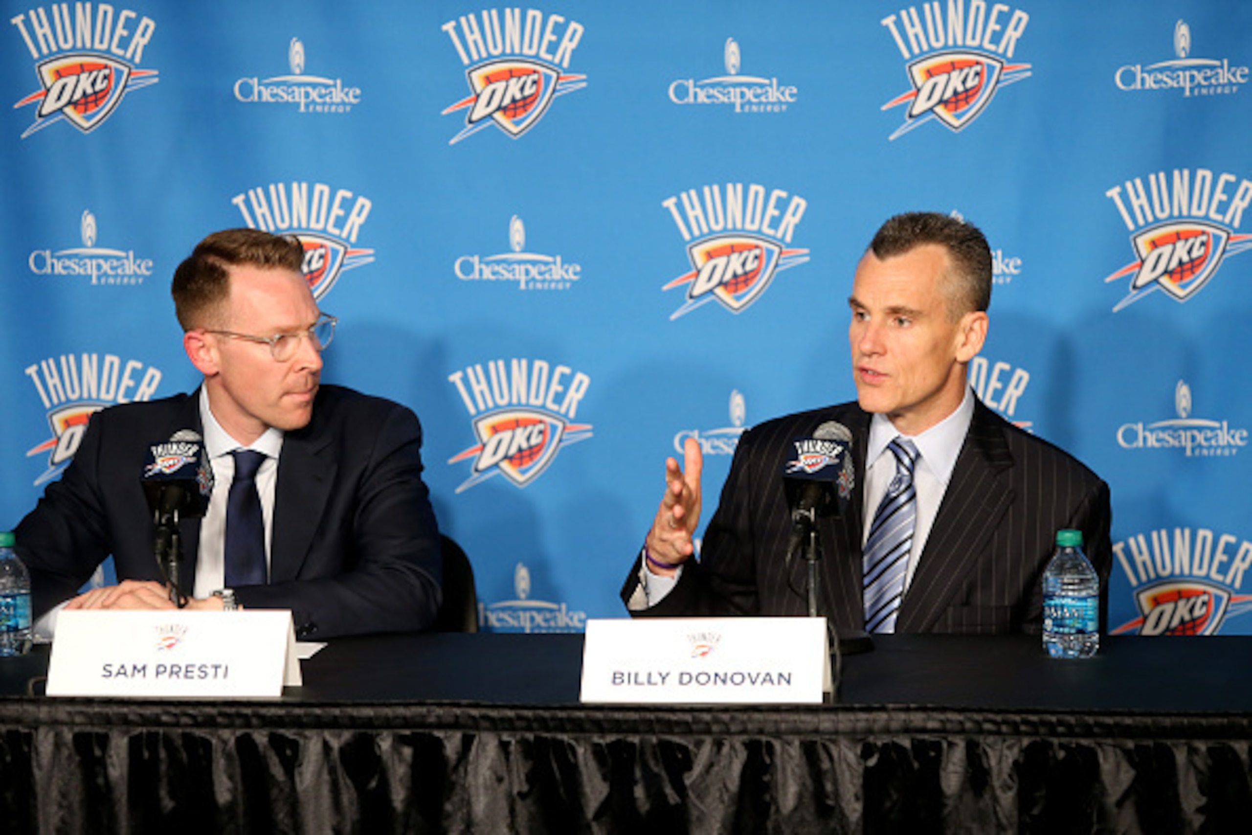 OKLAHOMA CITY, OK - MAY 01: Oklahoma City Head Coach Billy Donovan is welcomed by General Manager Sam Presti to Chesapeake Energy Arena for the first time on May 01, 2015 at the Chesapeake Energy Arena in Oklahoma City, Oklahoma. NOTE TO USER: User expres