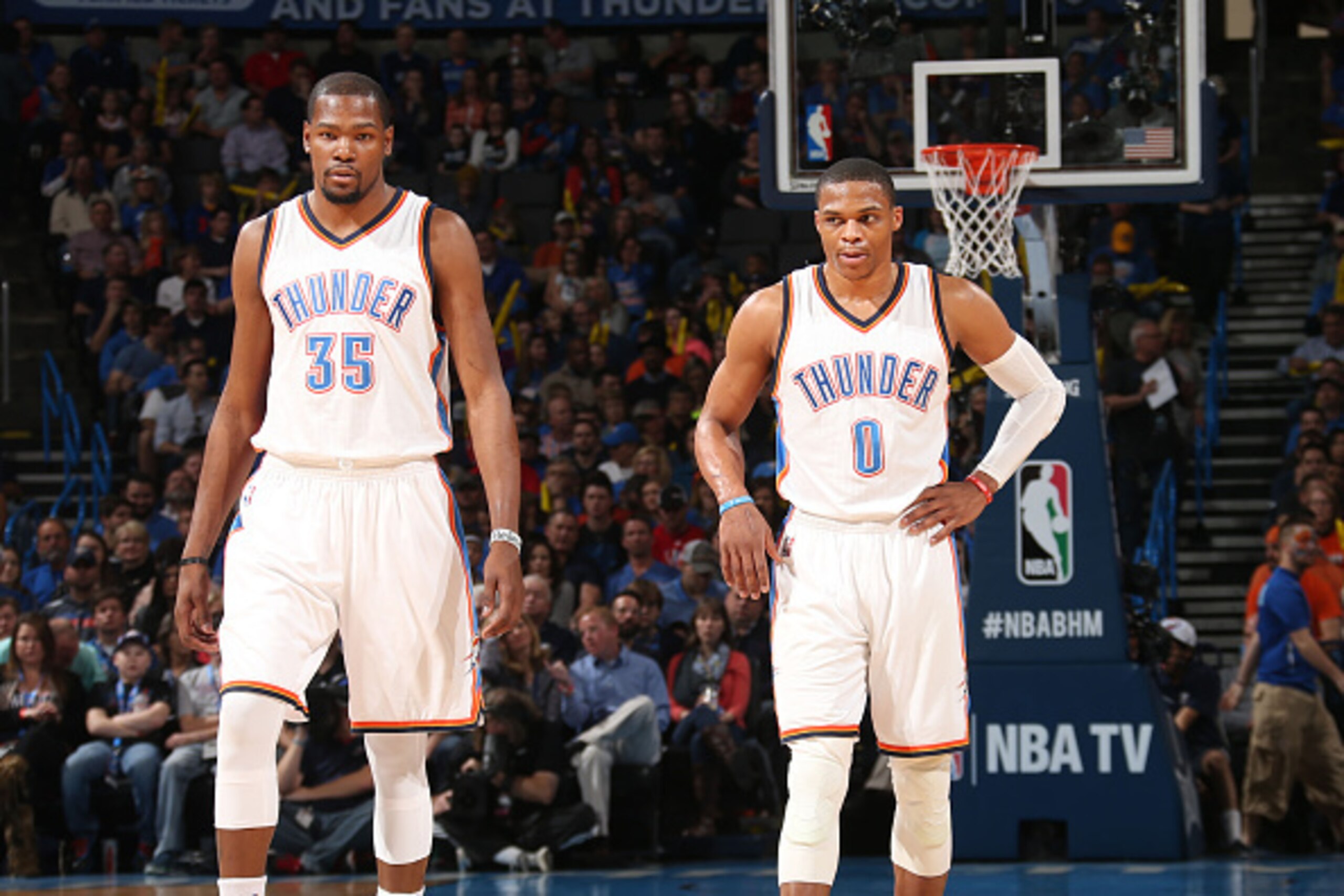 OKLAHOMA CITY, OK -  FEBRUARY 8: Kevin Durant #35 and Russell Westbrook #0 of the Oklahoma City Thunder during the game against the Los Angeles Clippers on February 8, 2015 at Chesapeake Energy Arena in Oklahoma City, Oklahoma. NOTE TO USER: User expressl