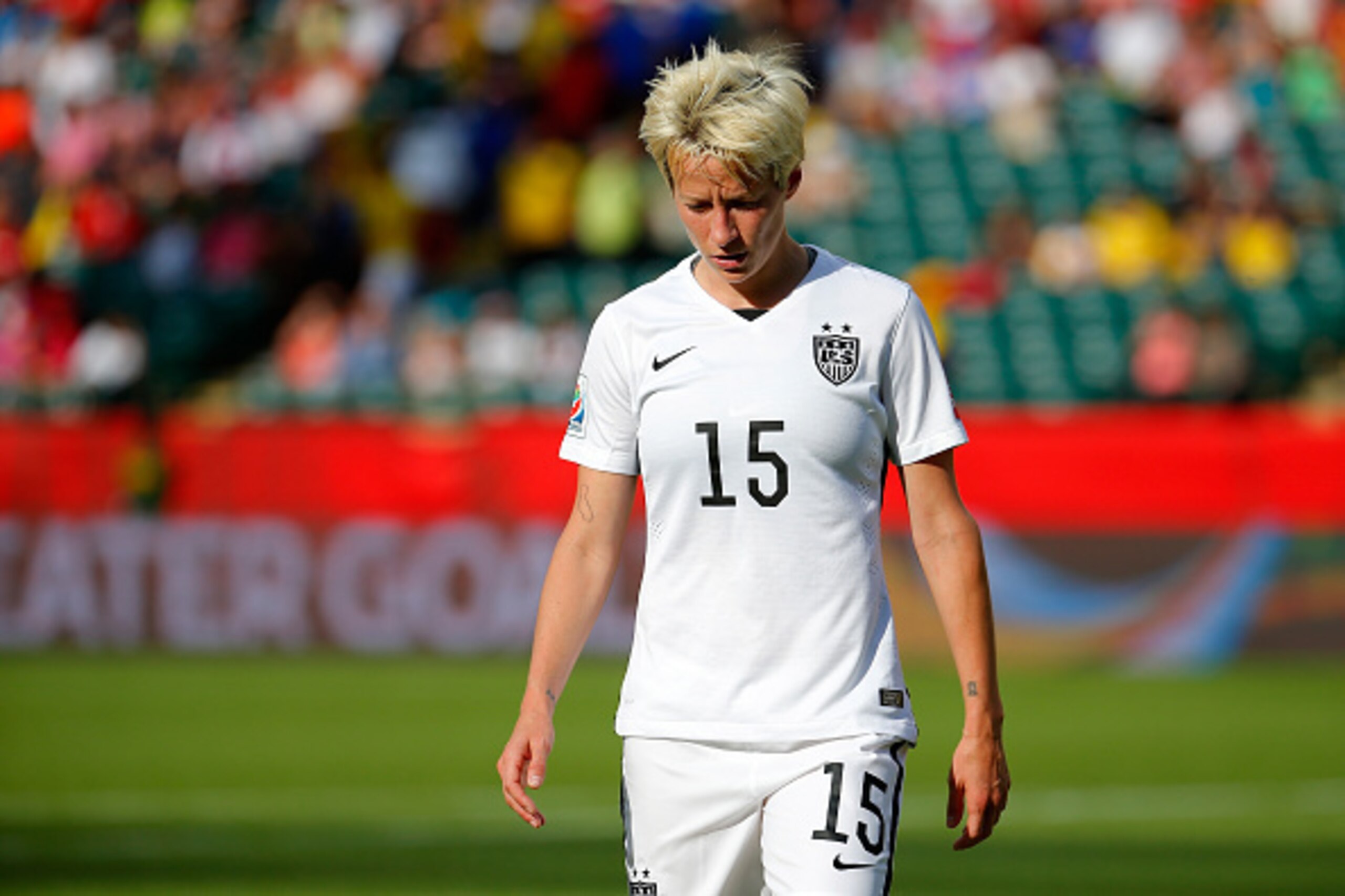 EDMONTON, AB - JUNE 22:  Megan Rapinoe #15 of the United States reacts in the first half while taking on Colombia in the FIFA Women's World Cup 2015 Round of 16 match at Commonwealth Stadium on June 22, 2015 in Edmonton, Canada.  (Photo by Kevin C. Cox/Ge