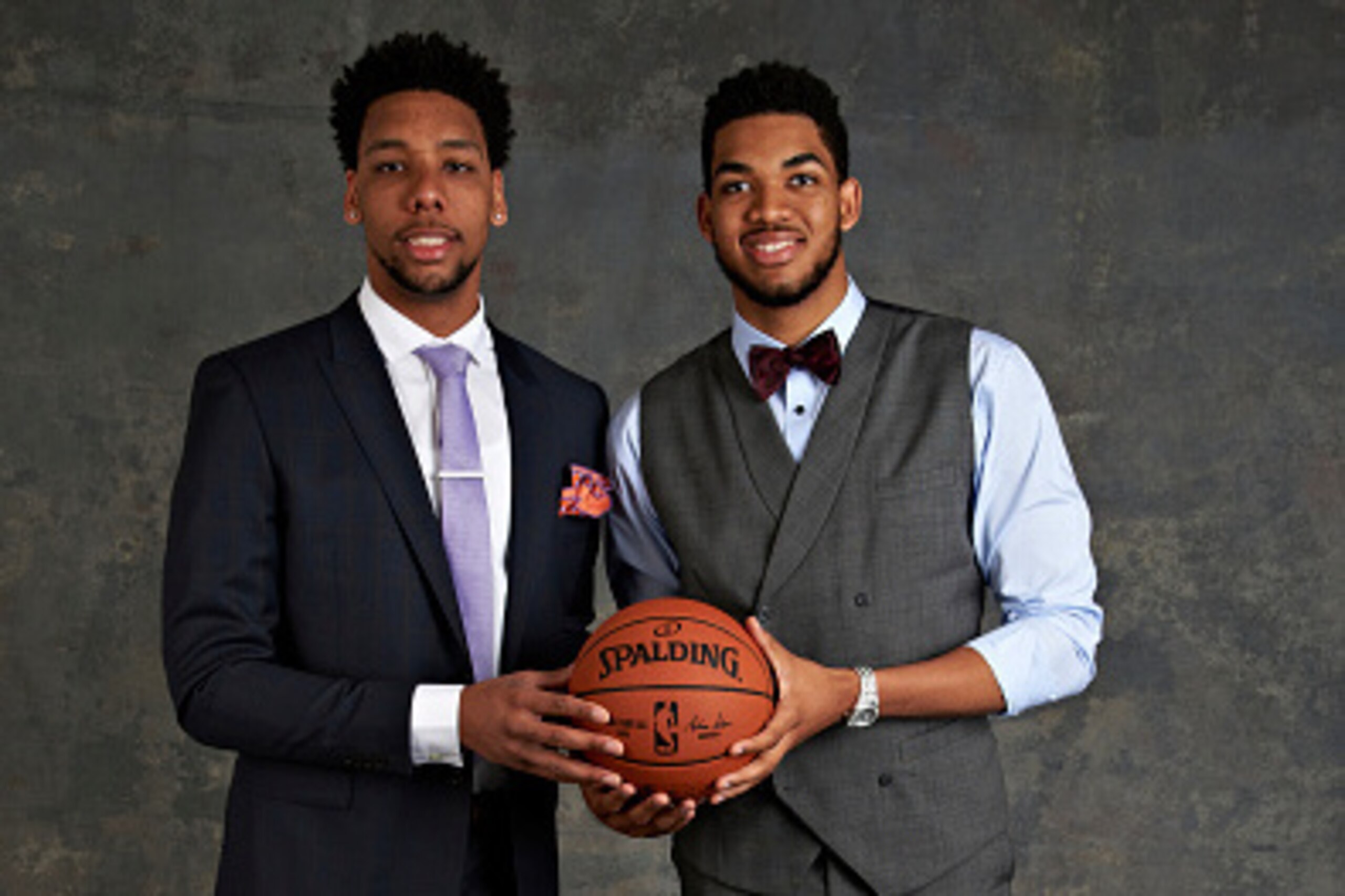 NEW YORK - MAY 19: Draft Prospects Jahlil Okafor and  Karl Anthony Towns poses for some portraits prior to the 2015 NBA Draft Lottery on May 19, 2015 at the NBA Headquarters in New York City.  NOTE TO USER: User expressly acknowledges and agrees that, by 