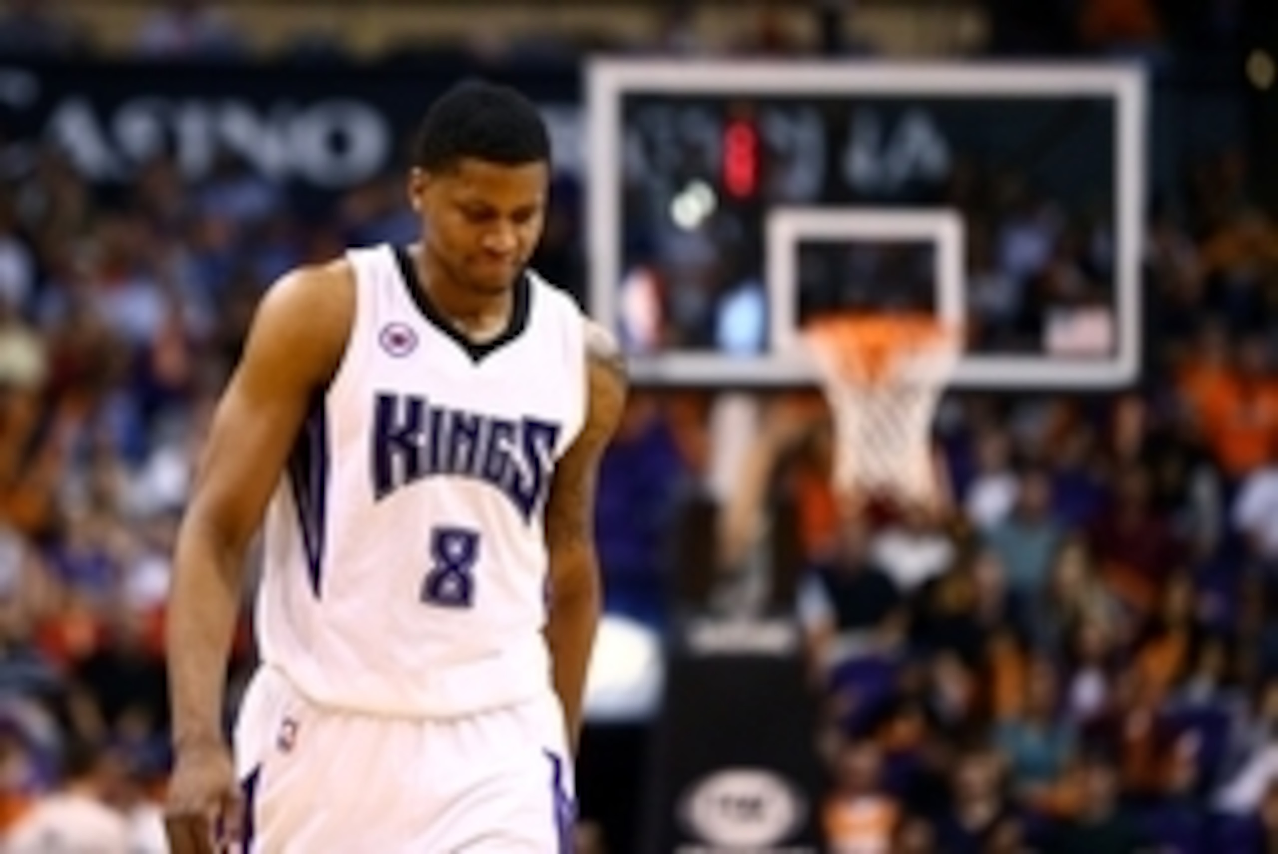 Mar 25, 2015; Phoenix, AZ, USA; Sacramento Kings forward Rudy Gay (8) reacts against the Phoenix Suns at US Airways Center. The Kings defeated the Suns 108-99. Mandatory Credit: Mark J. Rebilas-USA TODAY Sports