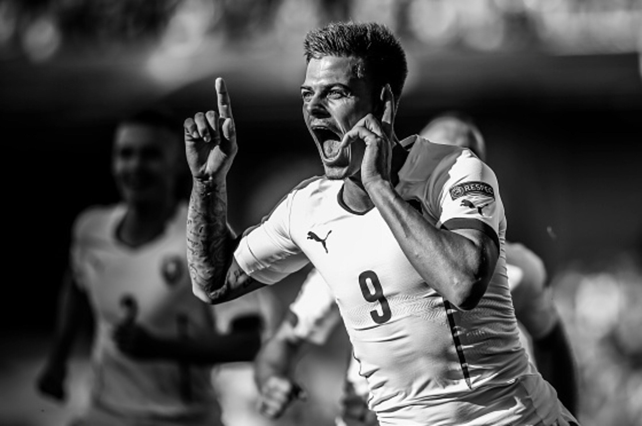PRAGUE, CZECH REPUBLIC - JUNE 20:  (EDITOR'S NOTE: Image has been processed using digital filters.) Jan  Kliment (C) of Czech Republic celebrates goal with his team-mates during UEFA U21 European Championship Group A match between Serbia and Czech Republi