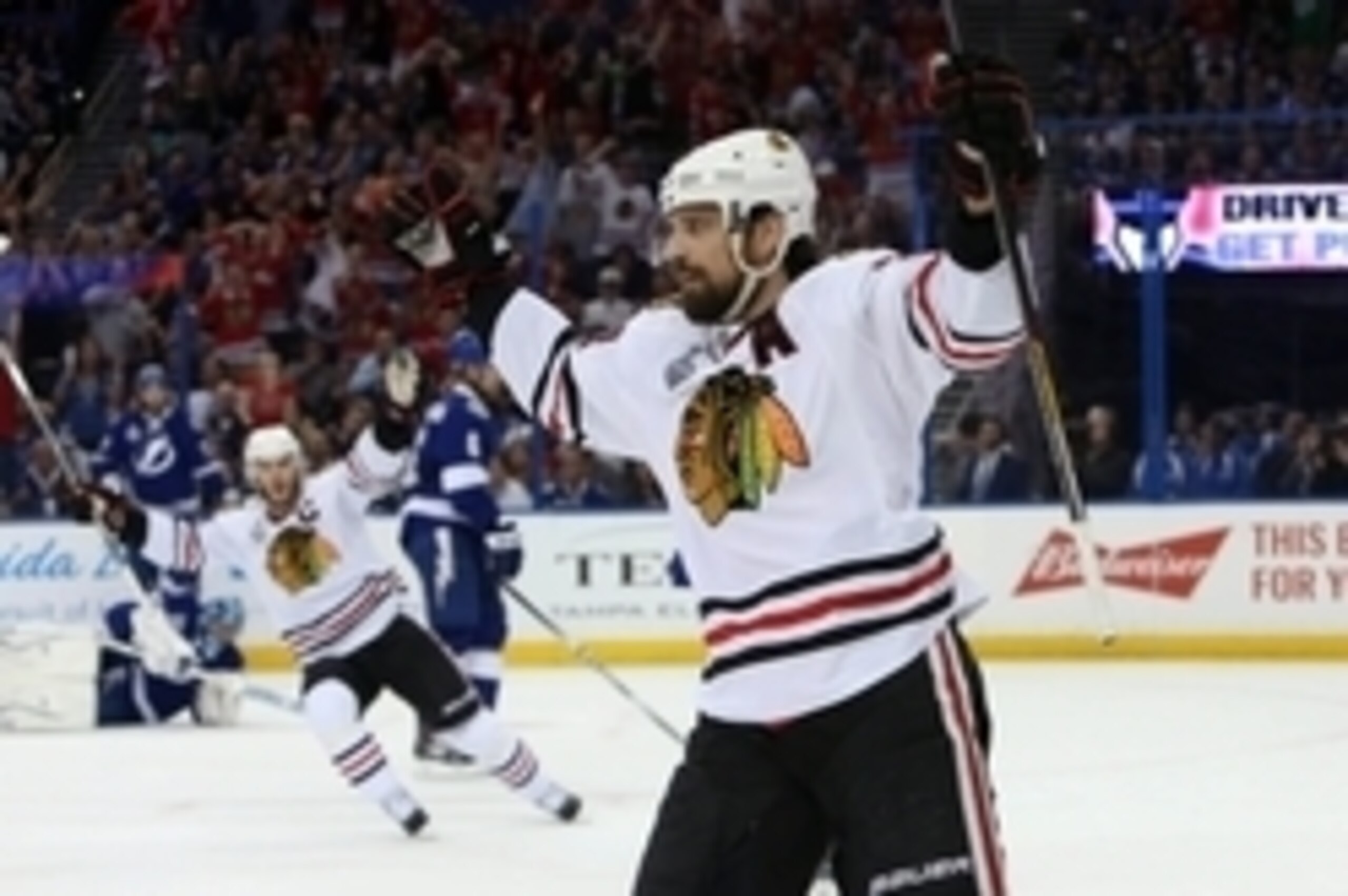 Jun 13, 2015; Tampa, FL, USA; Chicago Blackhawks left wing Patrick Sharp (10) celebrates after scoring a goal against the Tampa Bay Lightning in the first period game five of the 2015 Stanley Cup Final at Amalie Arena. Mandatory Credit: Kim Klement-USA TO