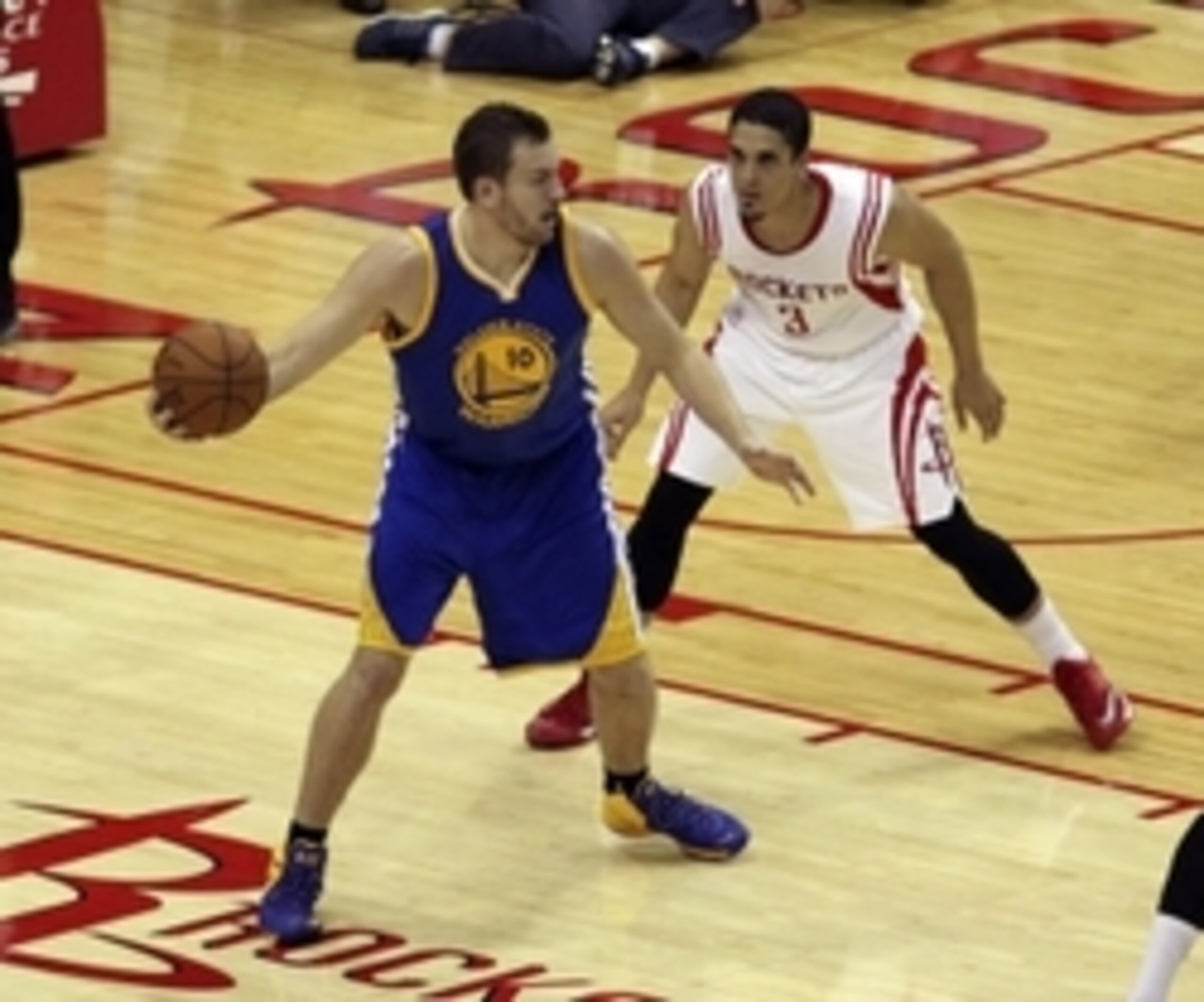 May 23, 2015; Houston, TX, USA; Golden State Warriors forward David Lee (10) looks to drive as Houston Rockets guard Nick Johnson (3) defends during the game in game three of the Western Conference Finals of the NBA Playoffs at Toyota Center. Mandatory Cr