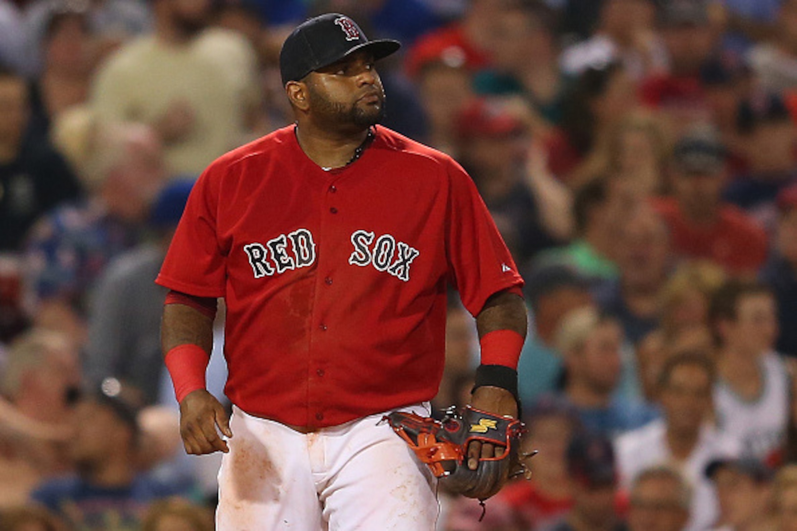 BOSTON, MA - JUNE 12: Pablo Sandoval #48 of the Boston Red Sox reacts after he made an error which allowed a run to score in the seventh inning against the Toronto Blue Jays at Fenway Park on June 12, 2015 in Boston, Massachusetts.  (Photo by Jim Rogash/G