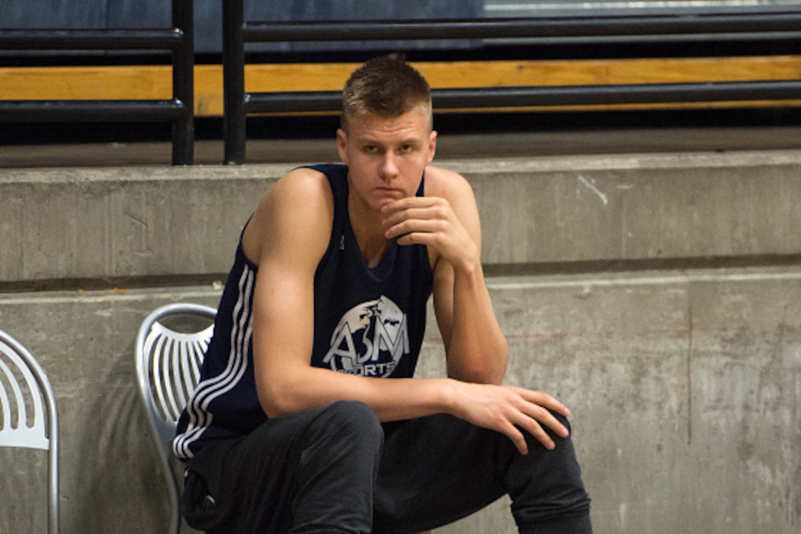 LAS VEGAS, NV - JUNE 12:  NBA draft prospect Kristaps Porzingis attends a workout on June 12, 2015 in Las Vegas, Nevada. NOTE TO USER: User expressly acknowledges and agrees that, by downloading and/or using this Photograph, user is consenting to the term