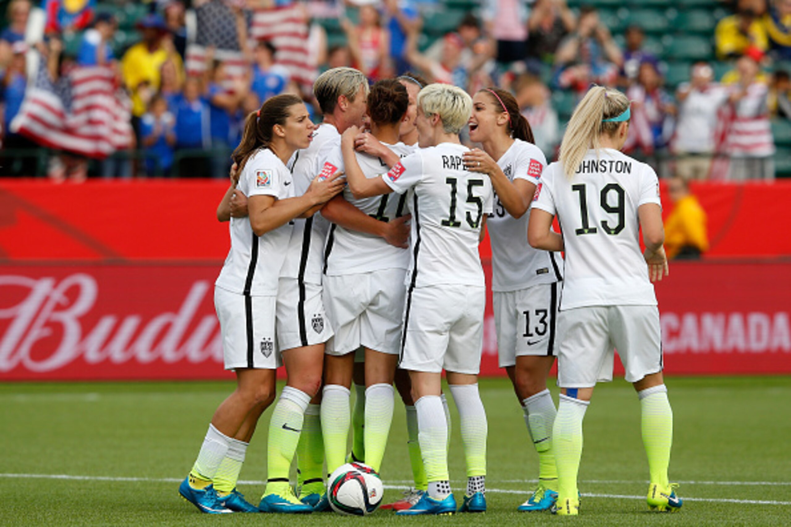 EDMONTON, AB - JUNE 22:  Carli Lloyd #10 of the United States celebrates with teammates after scoring a goal on a penalty kick in the second half against Colombia in the FIFA Women's World Cup 2015 Round of 16 match at Commonwealth Stadium on June 22, 201