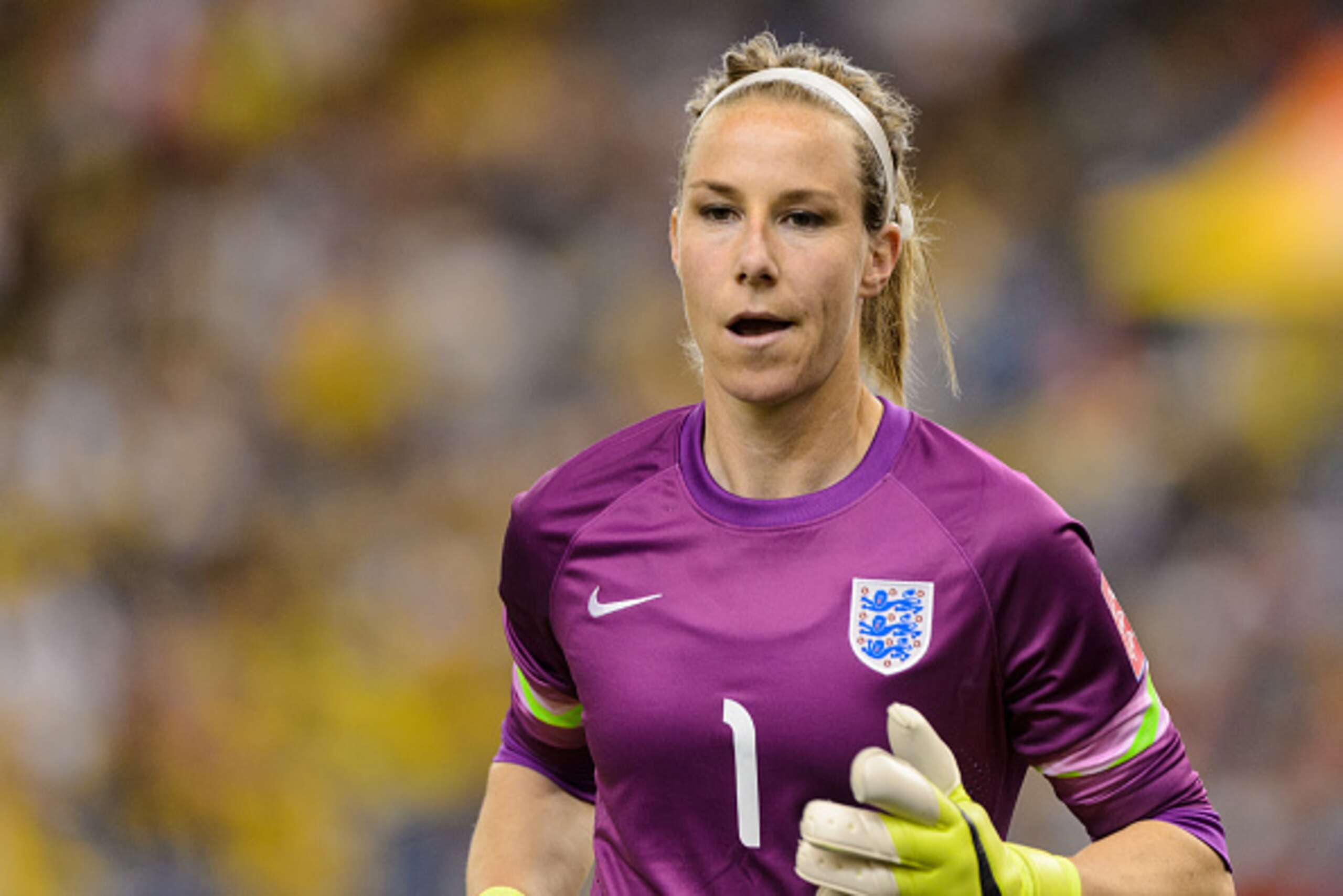 MONTREAL, QC - JUNE 17:  Karen Bardsley #1 of England runs during the 2015 FIFA Women's World Cup Group F match against Colombia at Olympic Stadium on June 17, 2015 in Montreal, Quebec, Canada.  England defeated Colombia 2-1. (Photo by Minas Panagiotakis/