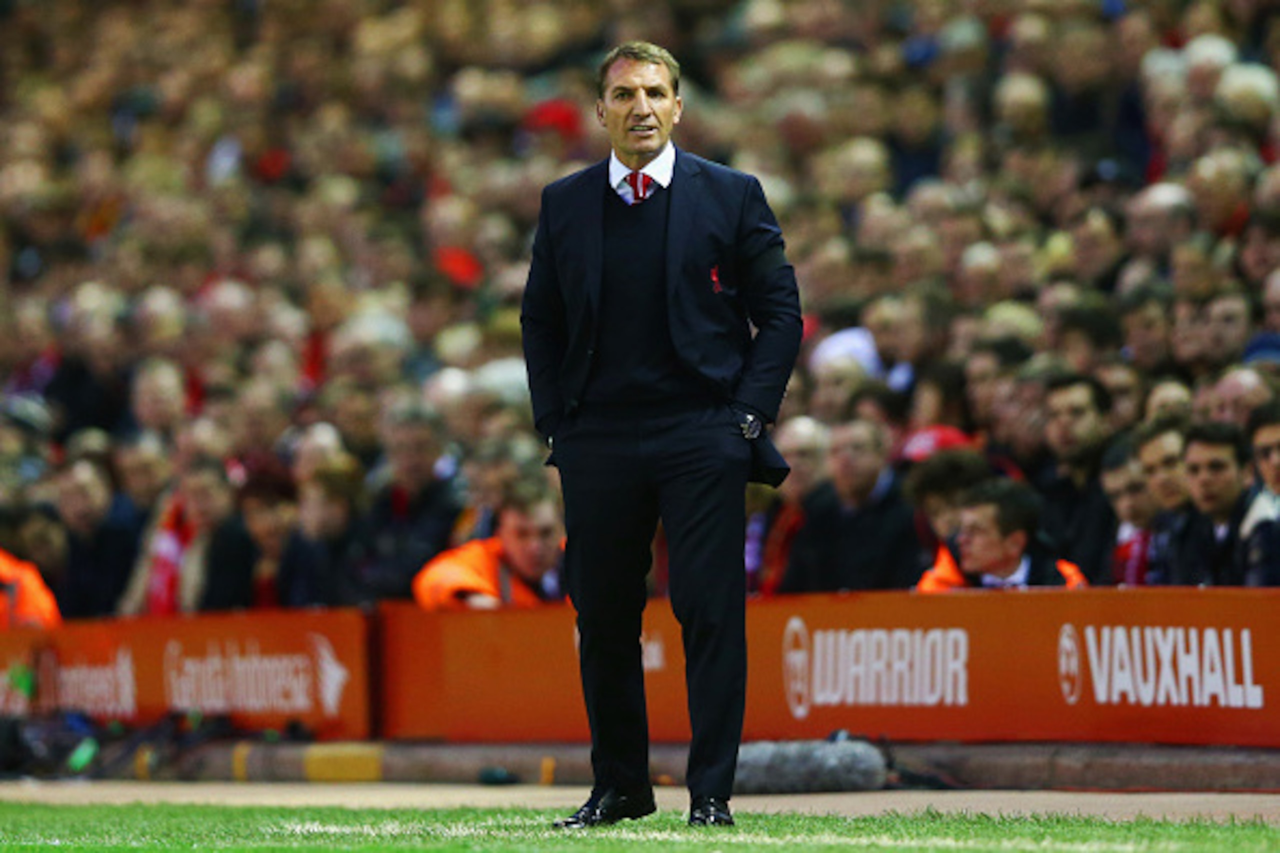 LIVERPOOL, ENGLAND - APRIL 13:  Brendan Rodgers manager of Liverpool looks on from the touchline during the Barclays Premier League match between Liverpool and Newcastle United at Anfield on April 13, 2015 in Liverpool, England.  (Photo by Clive Brunskill