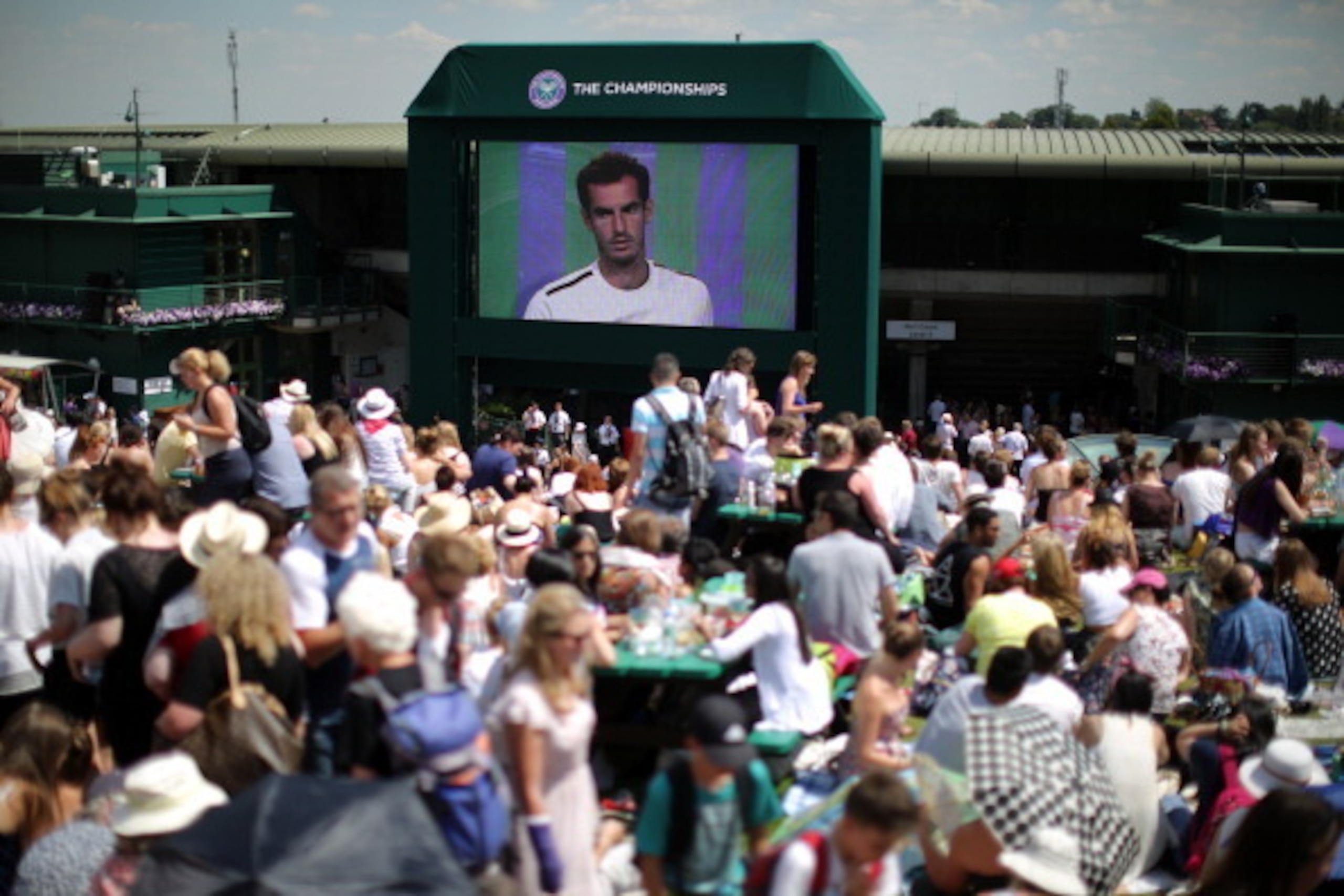 LONDON, ENGLAND - JULY 02:  Fans on Murray mound as they watch the Andy Murray against Grigor Dimitrov match on day nine the Wimbledon Lawn Tennis Championships at the All England Lawn Tennis and Croquet Club  at Wimbledon on July 2, 2014 in London, Engla