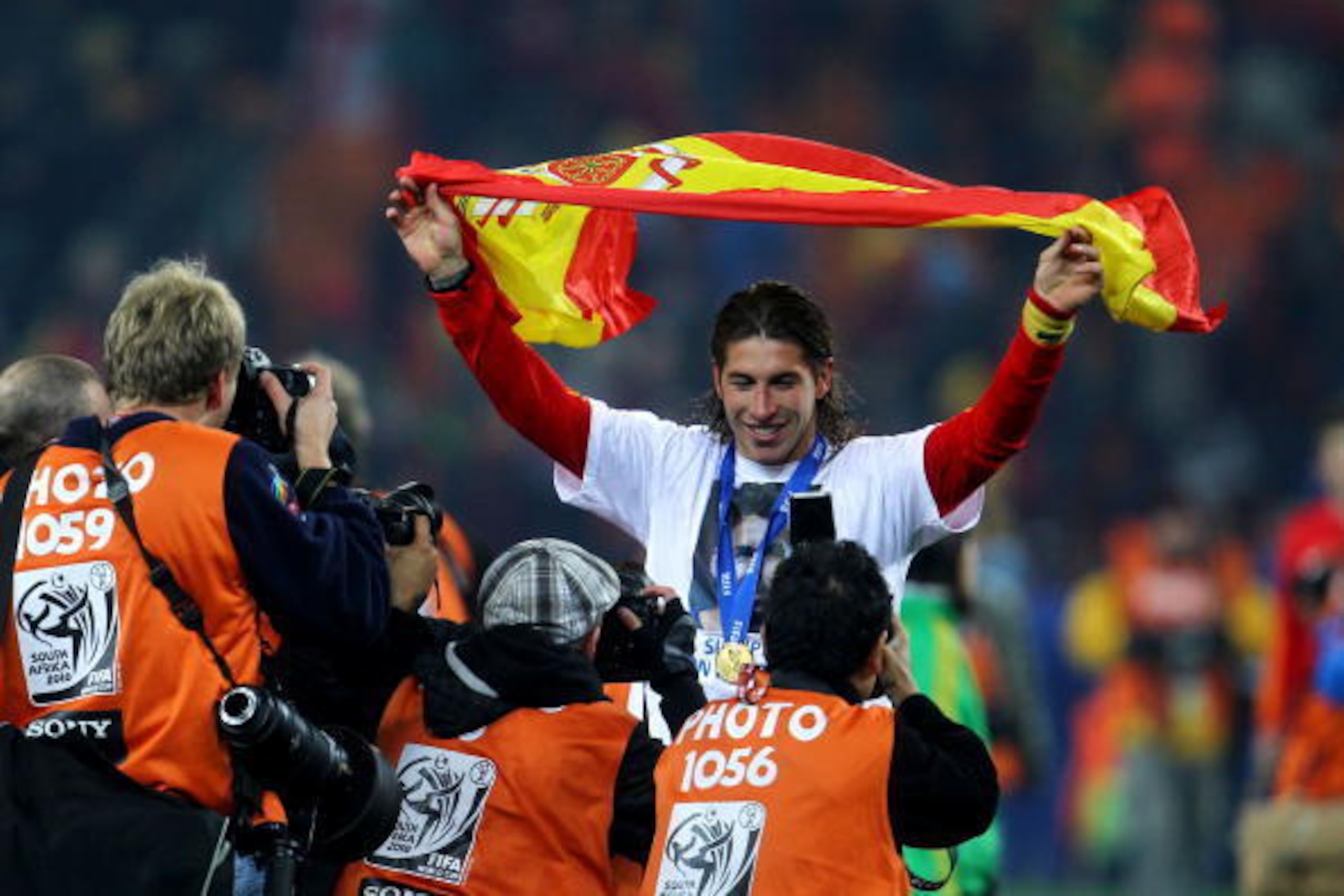 JOHANNESBURG, SOUTH AFRICA - JULY 11:  Sergio Ramos of Spain celebrates winning the World Cup during the 2010 FIFA World Cup South Africa Final match between Netherlands and Spain at Soccer City Stadium on July 11, 2010 in Johannesburg, South Africa.  (Ph
