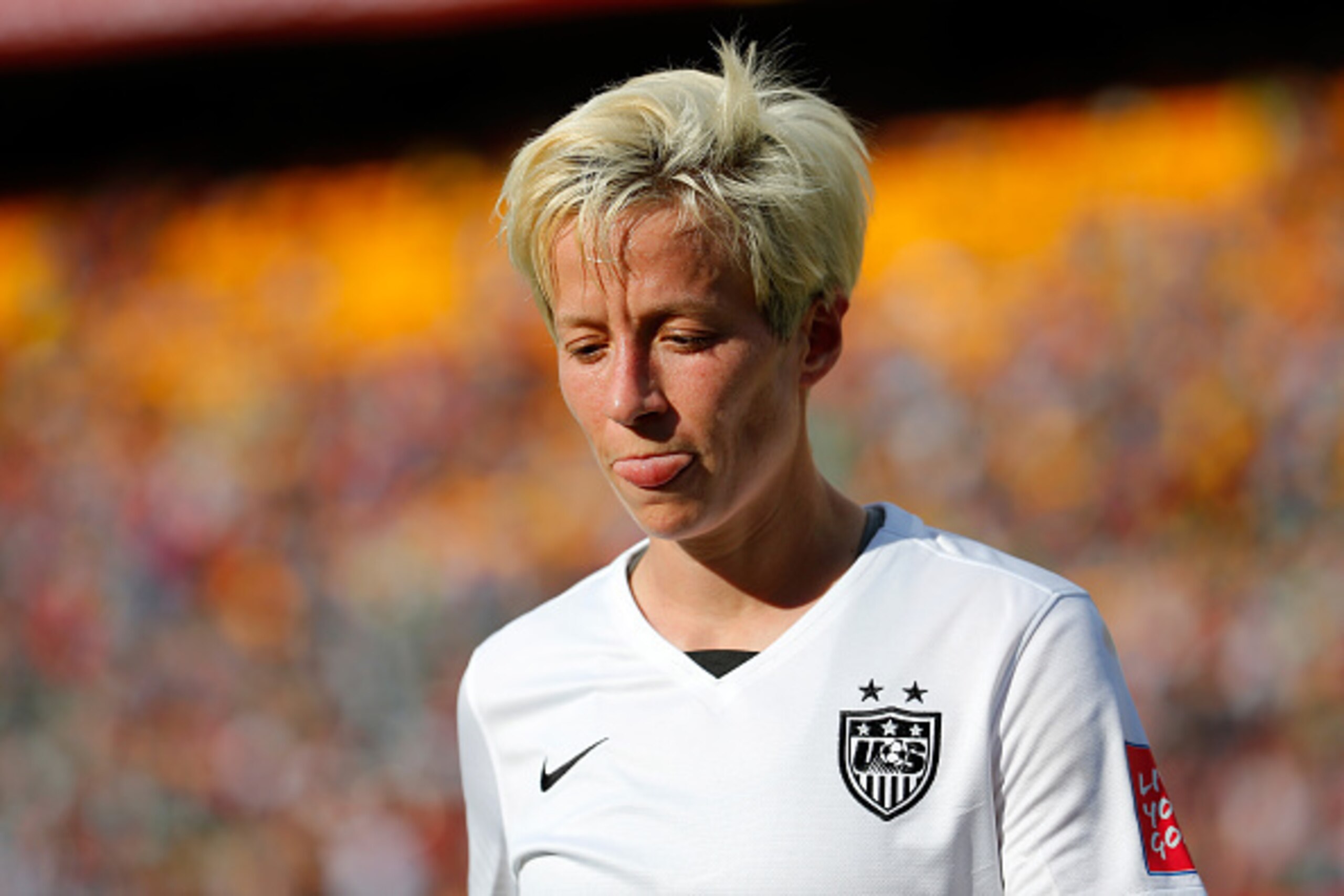 EDMONTON, AB - JUNE 22:  Megan Rapinoe #15 of the United States reacts in the first half while taking on Colombia in the FIFA Women's World Cup 2015 Round of 16 match at Commonwealth Stadium on June 22, 2015 in Edmonton, Canada.  (Photo by Kevin C. Cox/Ge