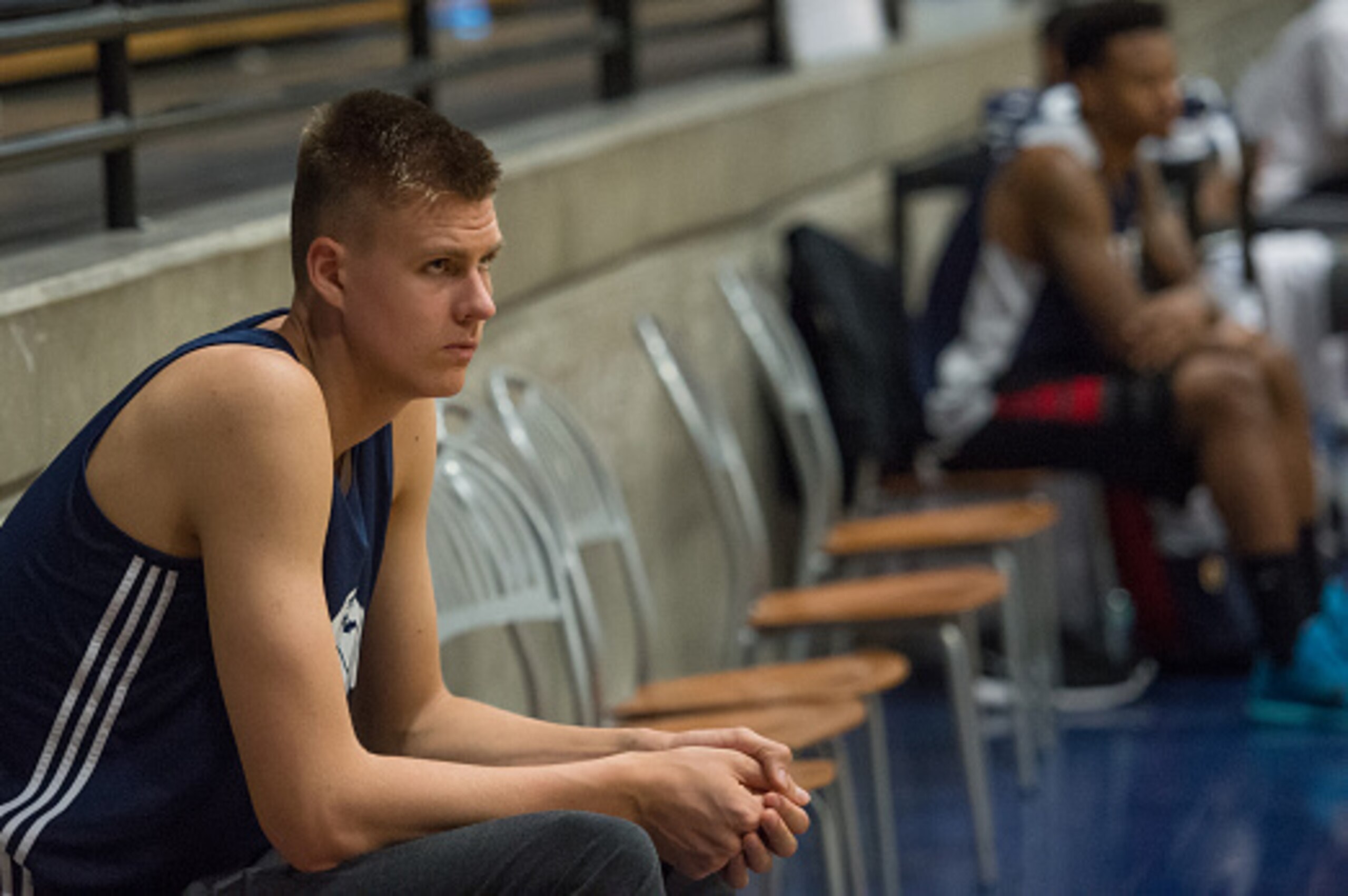 LAS VEGAS, NV - JUNE 12:  NBA draft prospect Kristaps Porzingis attends a workout on June 12, 2015 in Las Vegas, Nevada. NOTE TO USER: User expressly acknowledges and agrees that, by downloading and/or using this Photograph, user is consenting to the term