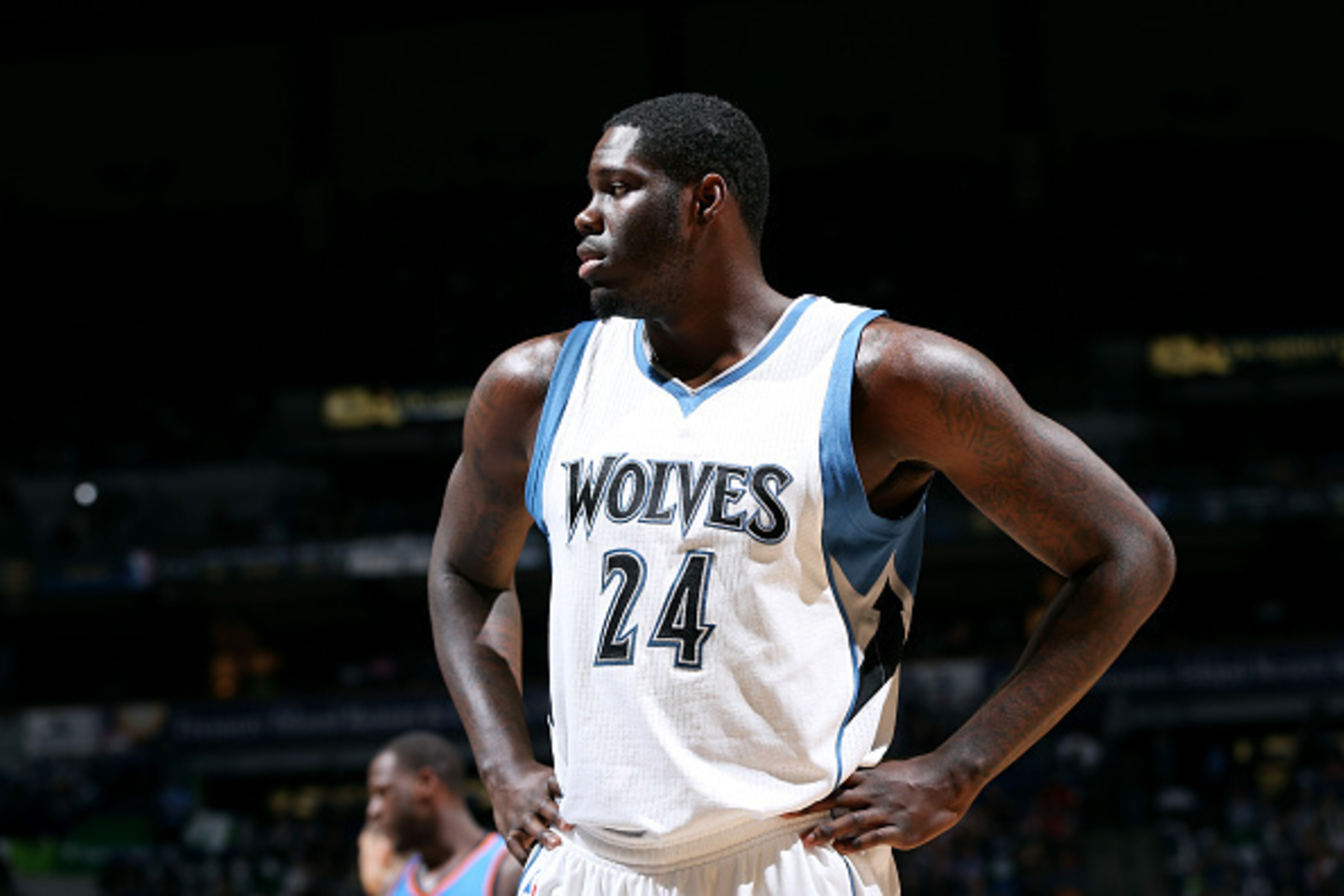 MINNEAPOLIS, MN - APRIL 15: Anthony Bennett #24 of the Minnesota Timberwolves stands on the court during a game against the Oklahoma City Thunder on April 15, 2015 at Target Center in Minneapolis, Minnesota. NOTE TO USER: User expressly acknowledges and a