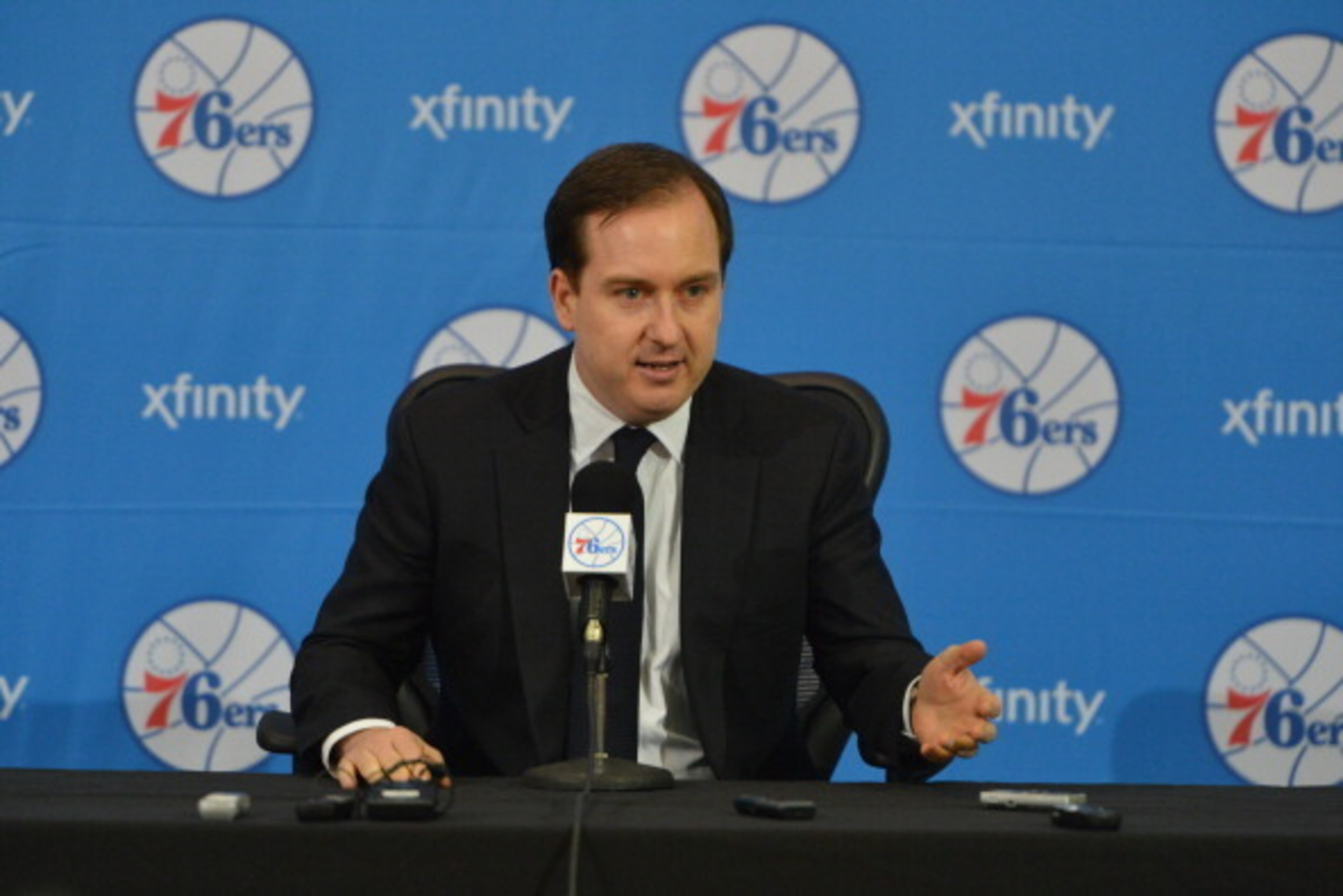 PHILADELPHIA, PA - JUNE 27: Sam Hinkie, President of Basketball Operations and General Manager of the Philadelphia 76ers, speaks with the media during a press conference on June 27, 2014 at the Philadelphia College of Osteopathic Medicine in Philadelphia,