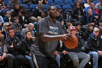 MINNEAPOLIS, MN -  JANUARY 31:  Anthony Bennett #24 of the Minnesota Timberwolves warms up before the game against the Cleveland Cavaliers on January 31, 2015 at Target Center in Minneapolis, Minnesota. NOTE TO USER: User expressly acknowledges and agrees