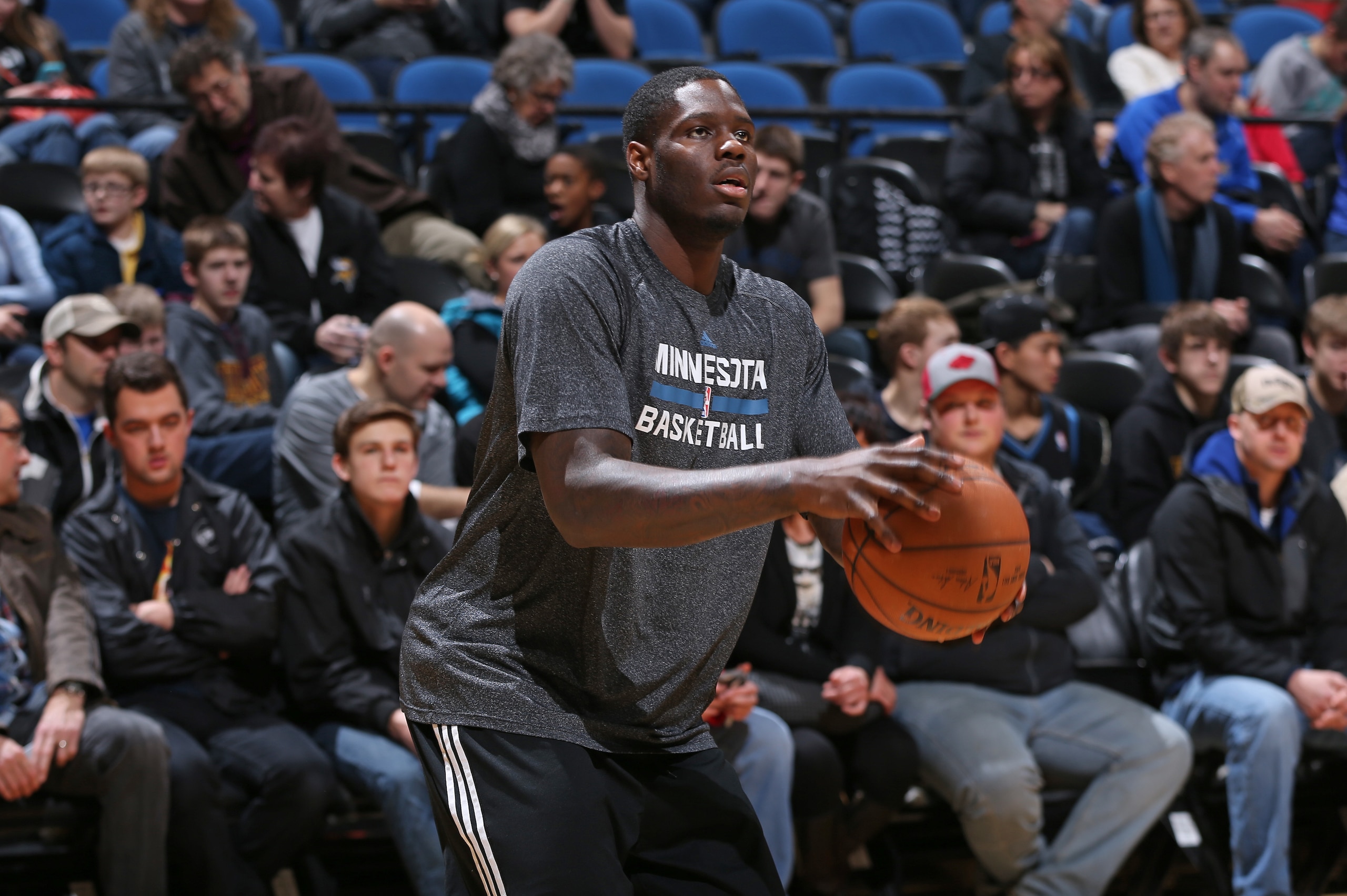 MINNEAPOLIS, MN -  JANUARY 31:  Anthony Bennett #24 of the Minnesota Timberwolves warms up before the game against the Cleveland Cavaliers on January 31, 2015 at Target Center in Minneapolis, Minnesota. NOTE TO USER: User expressly acknowledges and agrees