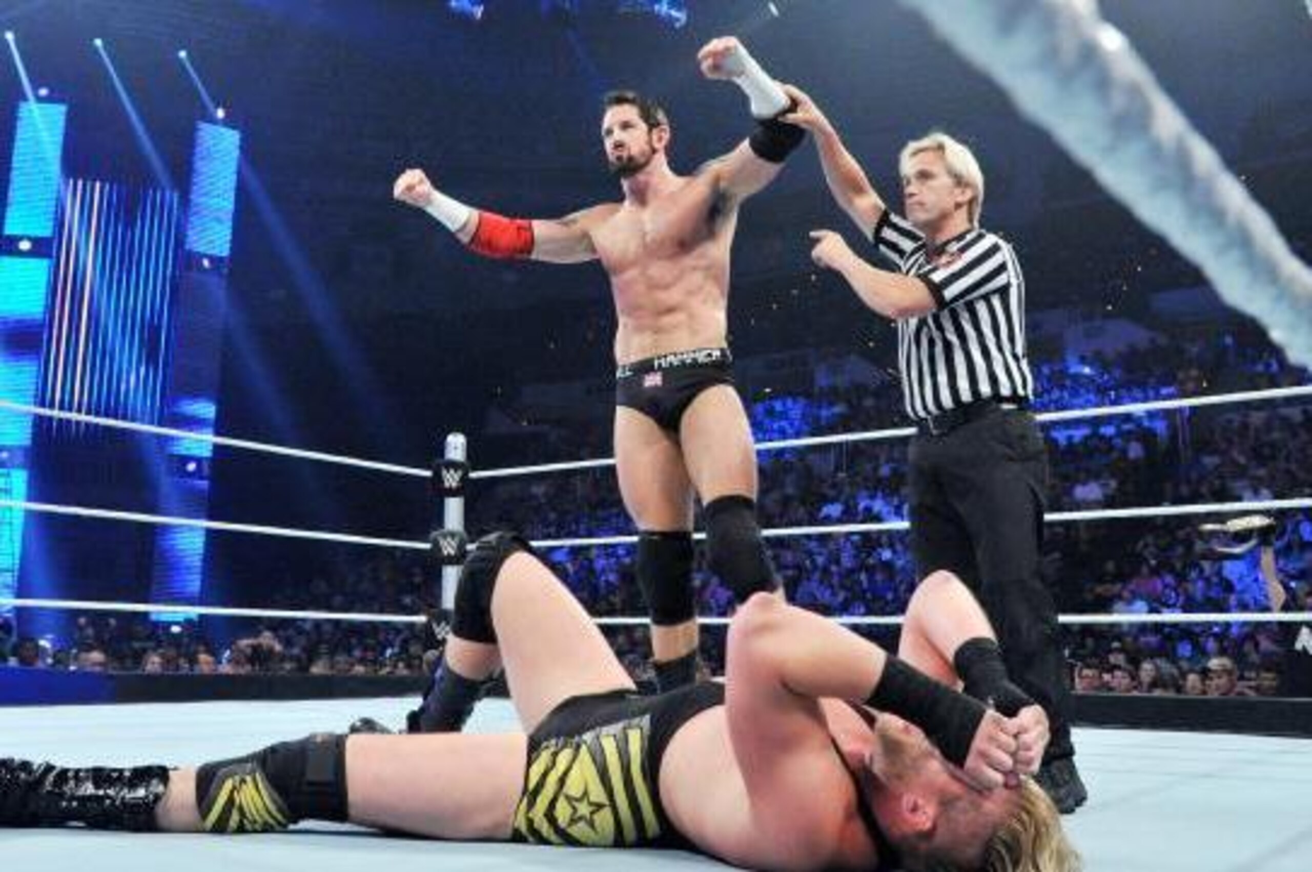 King Barrett celebrates a win over Jack Swagger.