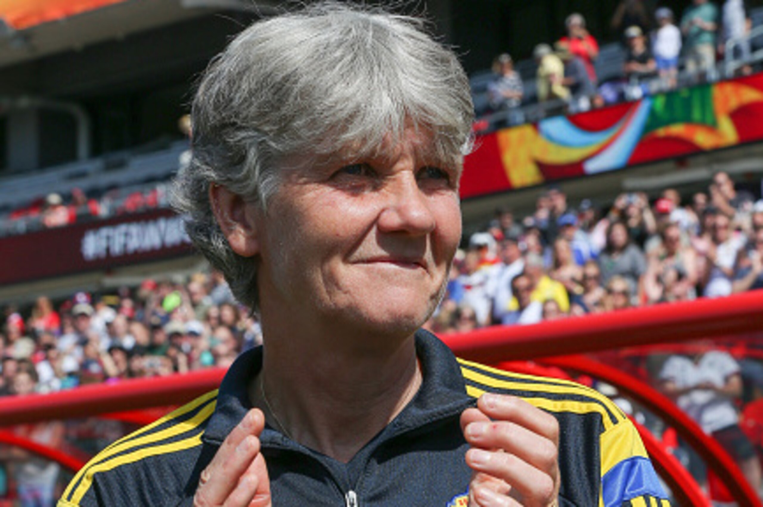 OTTAWA, ON - JUNE 20: head coach Pia Sundhage of Sweden looks on before the FIFA Women's World Cup Canada 2015 round of 16 match between Germany and Sweden at Lansdowne Stadium on June 20, 2015 in Ottawa, Canada.  (Photo by Andre Ringuette/Getty Images)