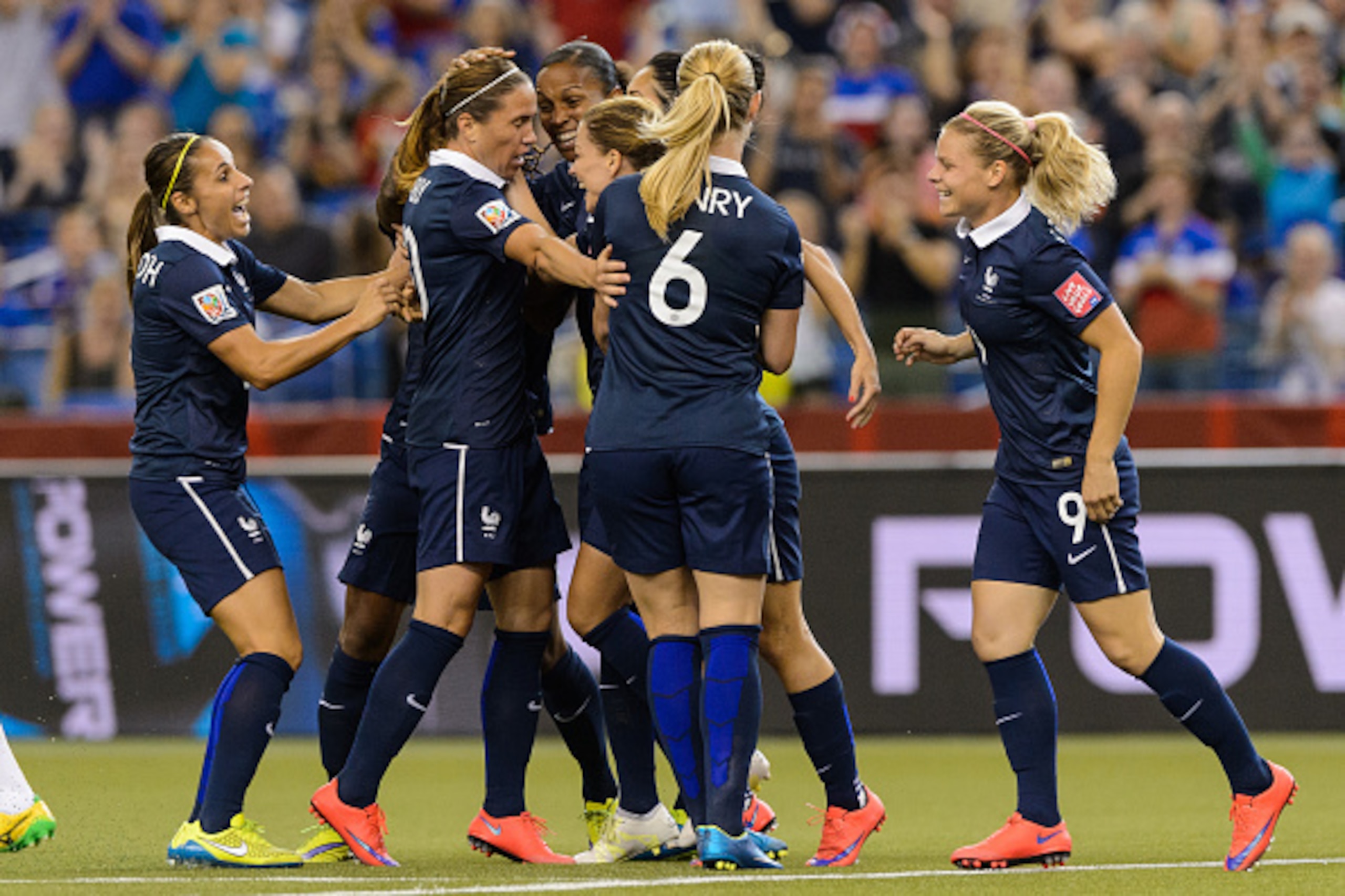 MONTREAL, QC - JUNE 21:  Marie Laure Delie #18 of France celebrates her goal with teammates during the 2015 FIFA Women's World Cup Round of 16 match against Korea Republic at Olympic Stadium on June 21, 2015 in Montreal, Quebec, Canada.  (Photo by Minas P
