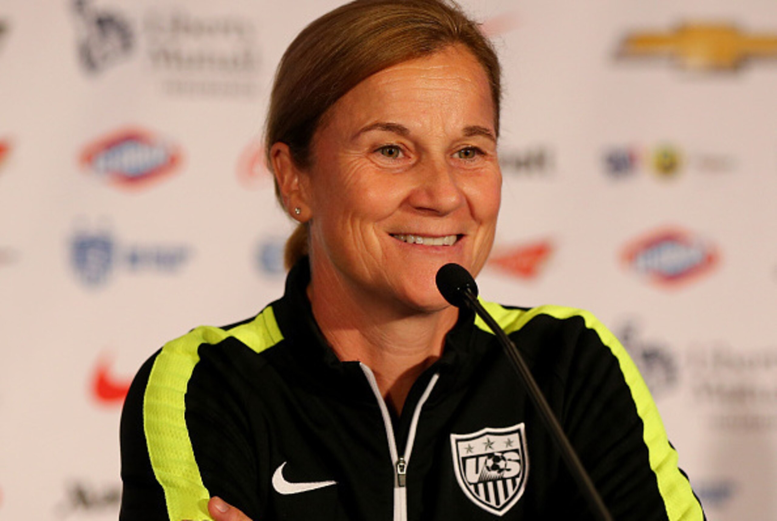 NEW YORK, NY - MAY 27:  Head coach Jill Ellis answers questions during United States Women's World Cup Media Day at Marriott Marquis Hotel on May 27, 2015 in New York City.  (Photo by Elsa/Getty Images)