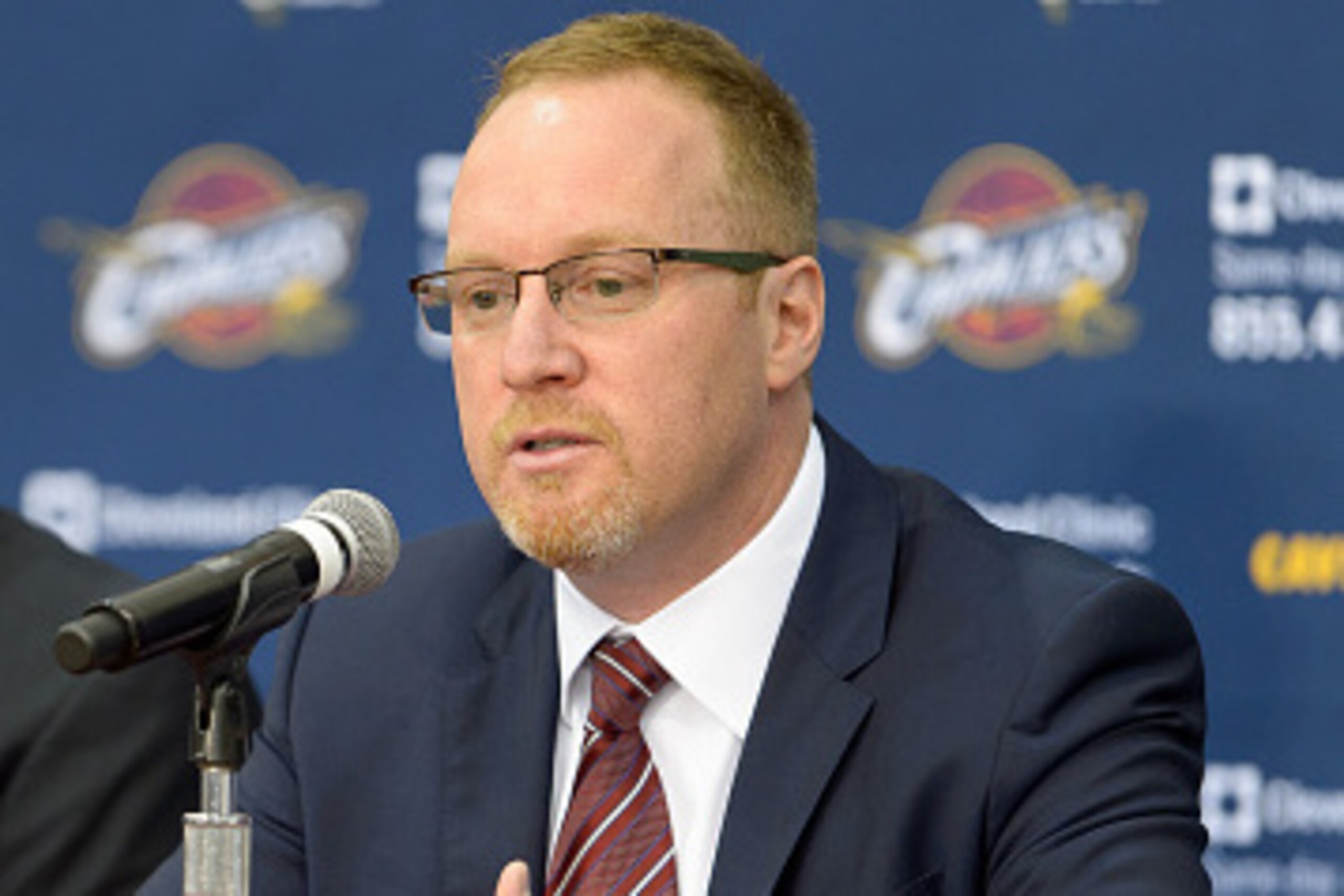 INDEPENDENCE, OH - SEPTEMBER 26: (L-R) Head coach David Blatt and general manager David Griffin of the Cleveland Cavaliers answers questions during media day at Cleveland Clinic Courts on September 26, 2014 in Independence, Ohio. (Photo by Jason Miller/Ge
