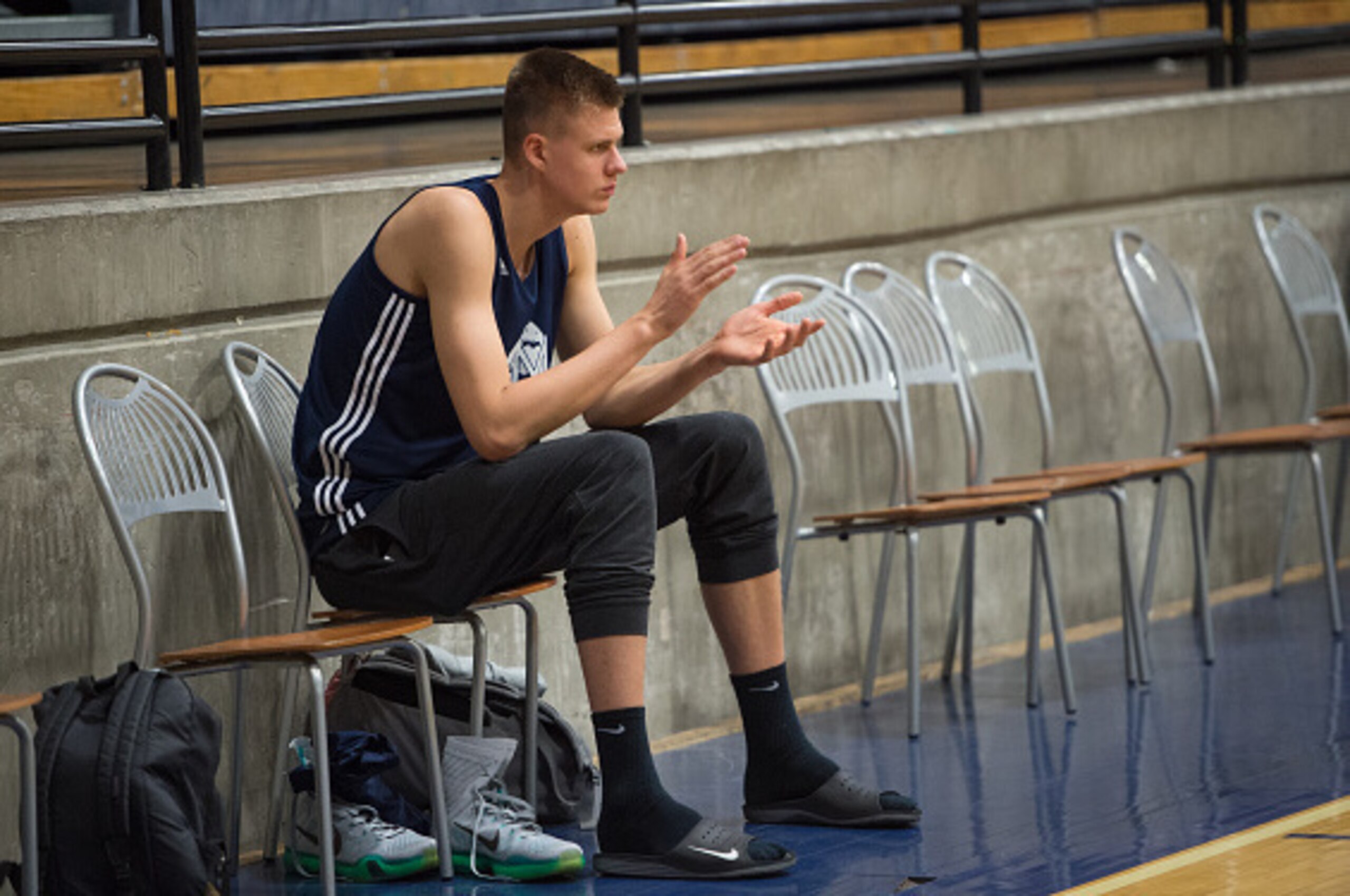 LAS VEGAS, NV - JUNE 12:  NBA draft prospect Kristaps Porzingis attends a workout on June 12, 2015 in Las Vegas, Nevada. NOTE TO USER: User expressly acknowledges and agrees that, by downloading and/or using this Photograph, user is consenting to the term