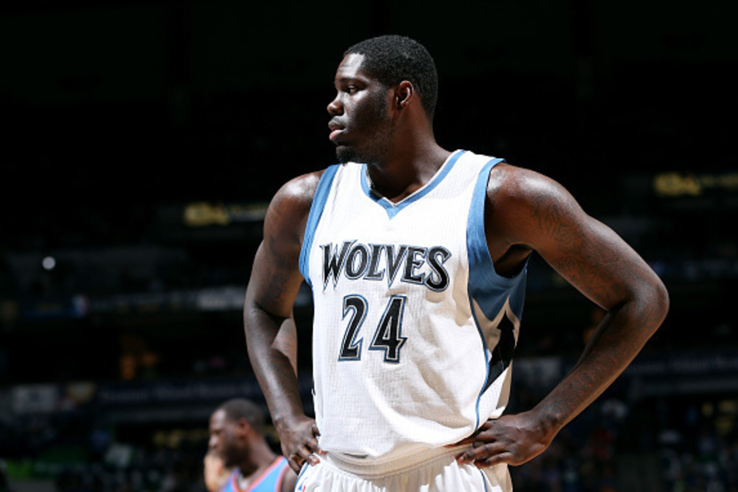 MINNEAPOLIS, MN - APRIL 15: Anthony Bennett #24 of the Minnesota Timberwolves stands on the court during a game against the Oklahoma City Thunder on April 15, 2015 at Target Center in Minneapolis, Minnesota. NOTE TO USER: User expressly acknowledges and a