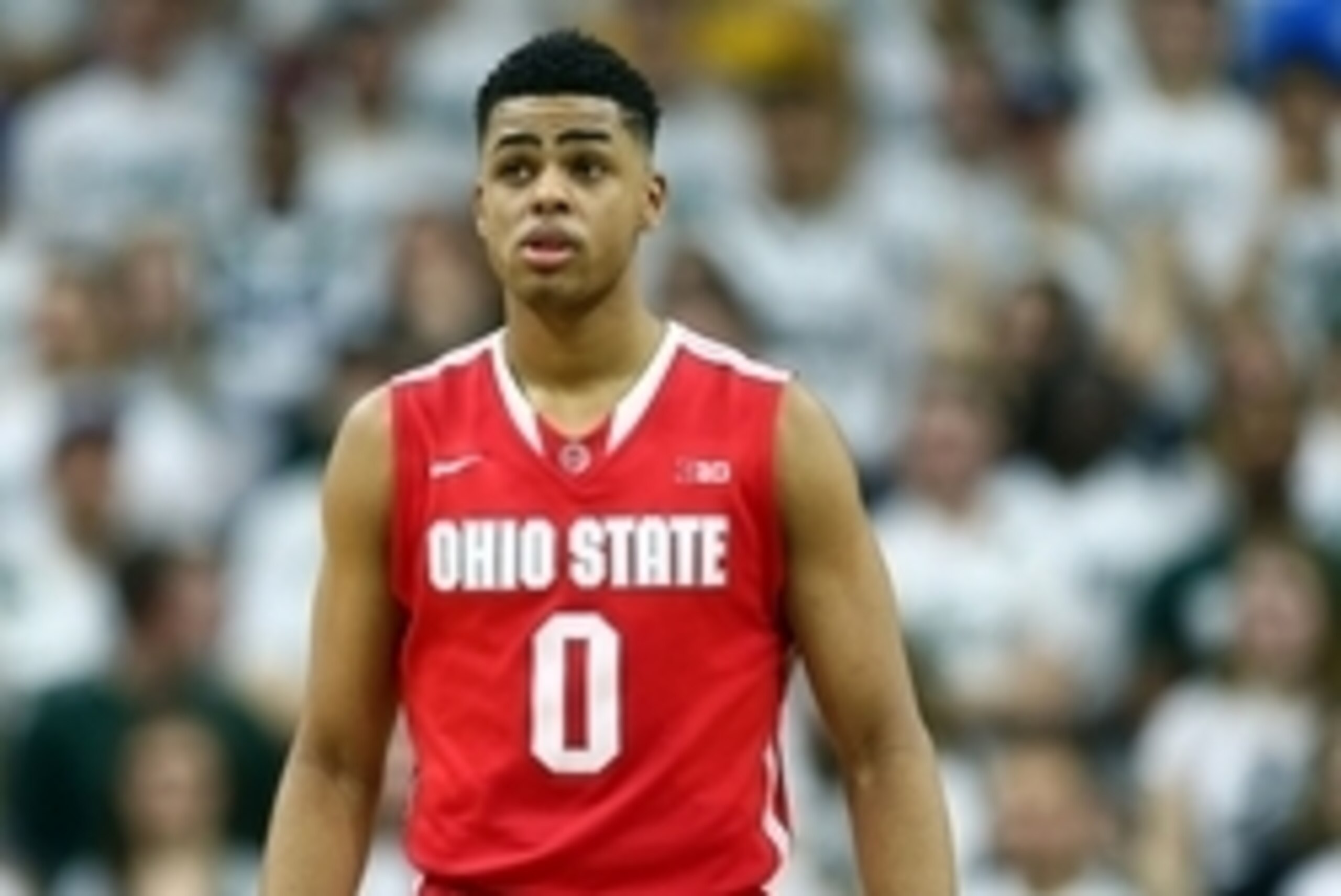 Feb 14, 2015; East Lansing, MI, USA; Ohio State Buckeyes guard D'Angelo Russell (0) stands on the court between plays during the 2nd half of a game at the Jack Breslin Student Events Center. MSU beat Ohio St. 59-56. Mandatory Credit: Mike Carter-USA TODA Feb 14, 2015; East Lansing, MI, USA; Ohio State Buckeyes guard D'Angelo Russell (0) stands on the court between plays during the 2nd half of a game at the Jack Breslin Student Events Center. MSU beat Ohio St. 59-56. Mandatory Credit: Mike Carter-USA TODA