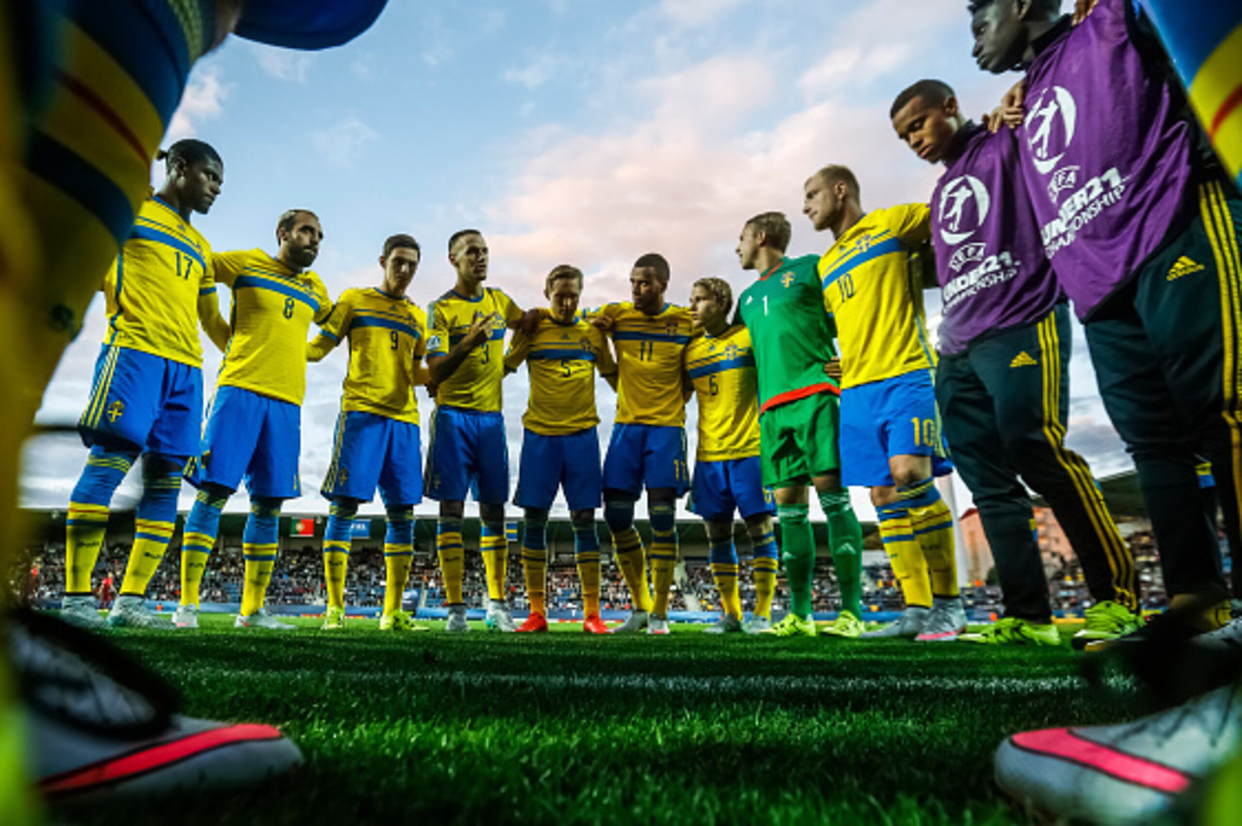 UHERSKE HRADISTE, CZECH REPUBLIC - JUNE 24:  Players of Sweden receive team talk before UEFA U21 European Championship Group B match between Portugal and Sweden at Mestsky Fotbalovy Stadium on June 24, 2015 in Uherske Hradiste, Czech Republic.  (Photo by 