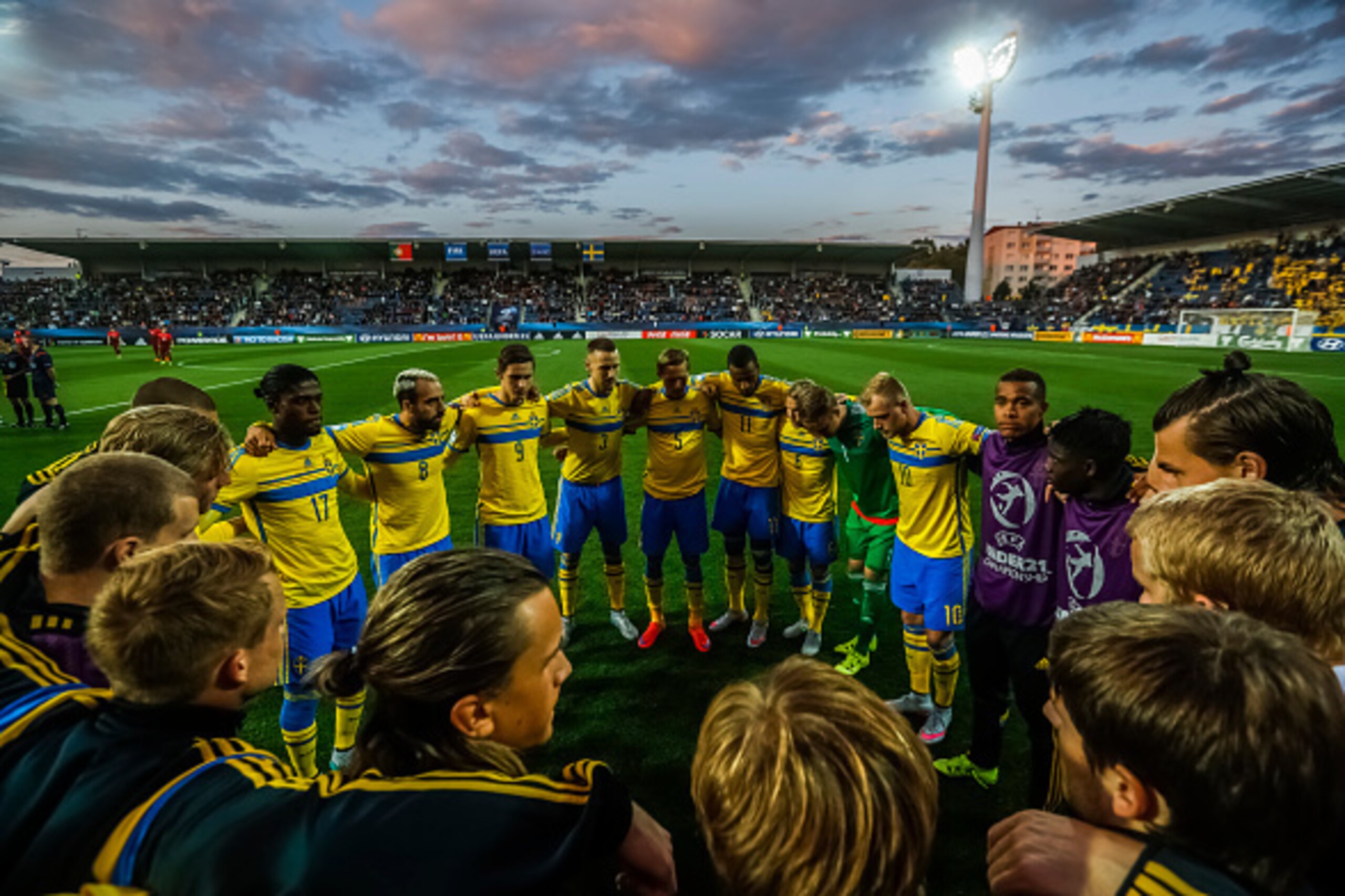 UHERSKE HRADISTE, CZECH REPUBLIC - JUNE 24:  Players of Sweden receive team talk before UEFA U21 European Championship Group B match between Portugal and Sweden at Mestsky Fotbalovy Stadium on June 24, 2015 in Uherske Hradiste, Czech Republic.  (Photo by 